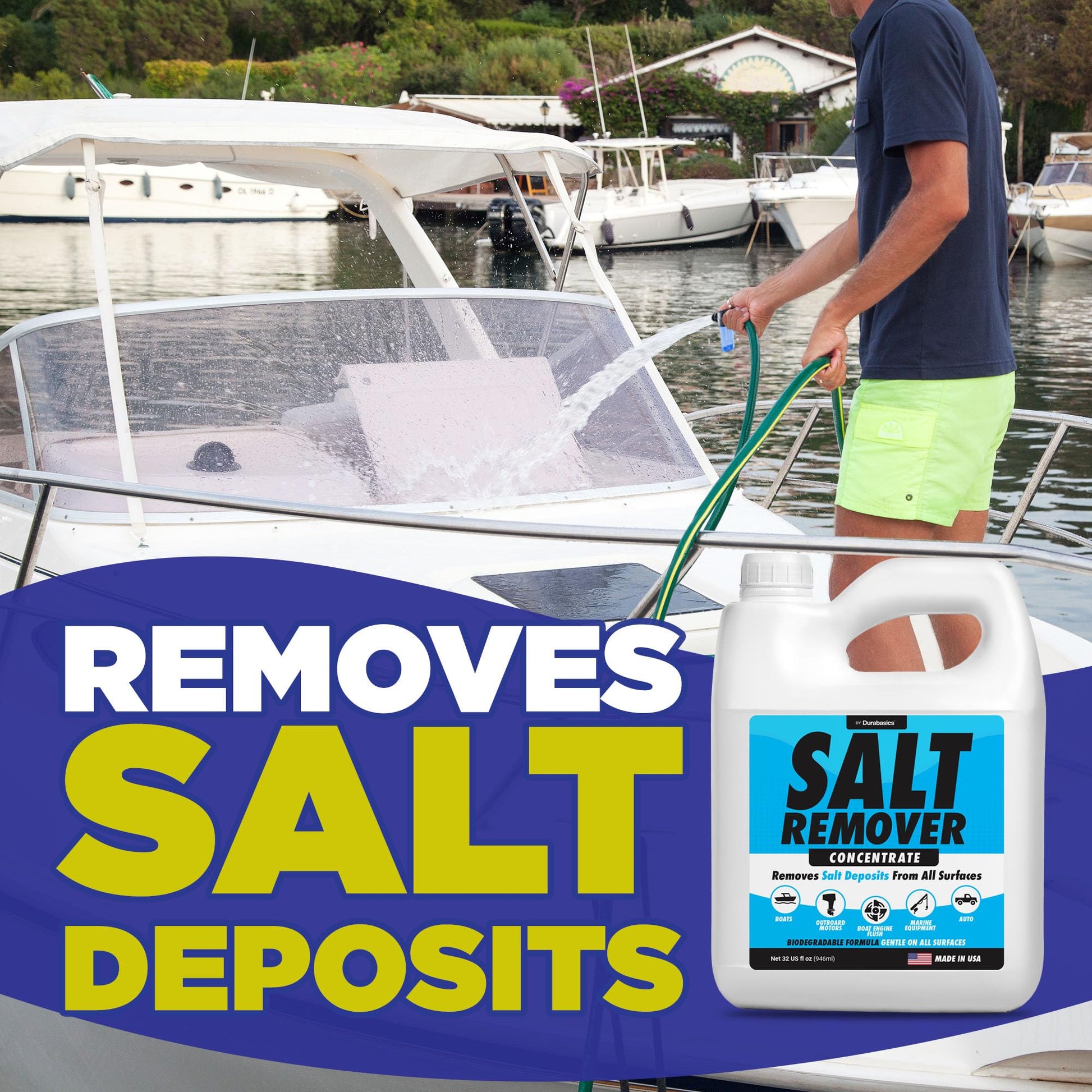 Durabasics Salt Remover Concentrate Kit - Ultimate Boat Salt Remover for Boats & Marine Engine Flush - 32 OZ with Hose Applicator - Perfect for Outboard Motor Flush & Washing Salt Deposits Away