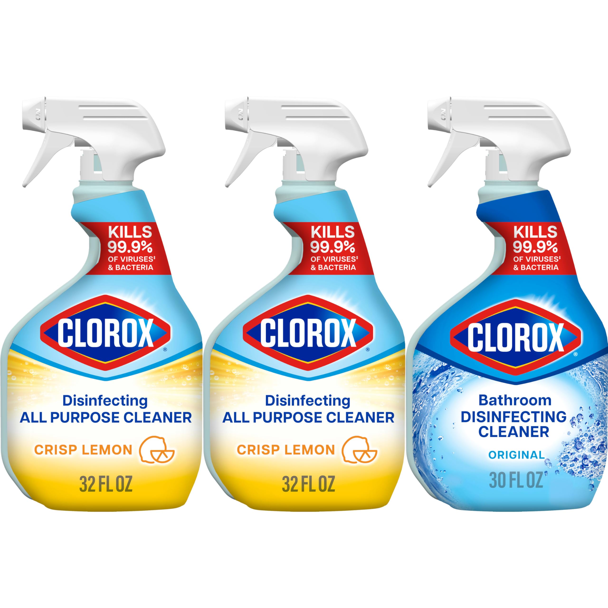 CLOROX Disinfecting All-Purpose Cleaner 32 Oz and Disinfecting Bathroom Cleaner, Household Essentials, 30 Oz, Pack of 3