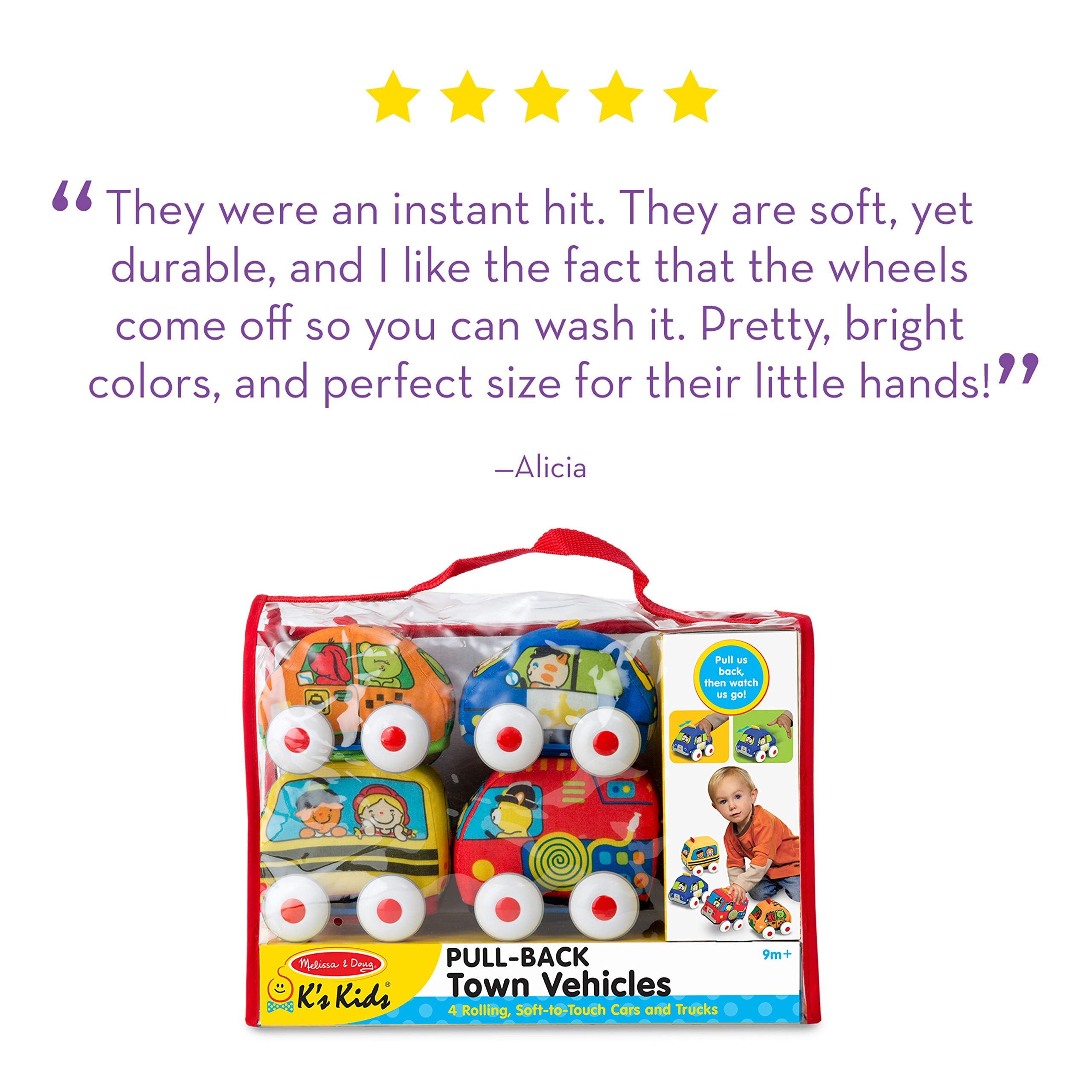 Melissa & Doug K's Kids Pull-Back Vehicle Set - Soft Baby Toy Set with 4 Cars and Trucks, Soft Vehicles Toys for Babies and Toddlers