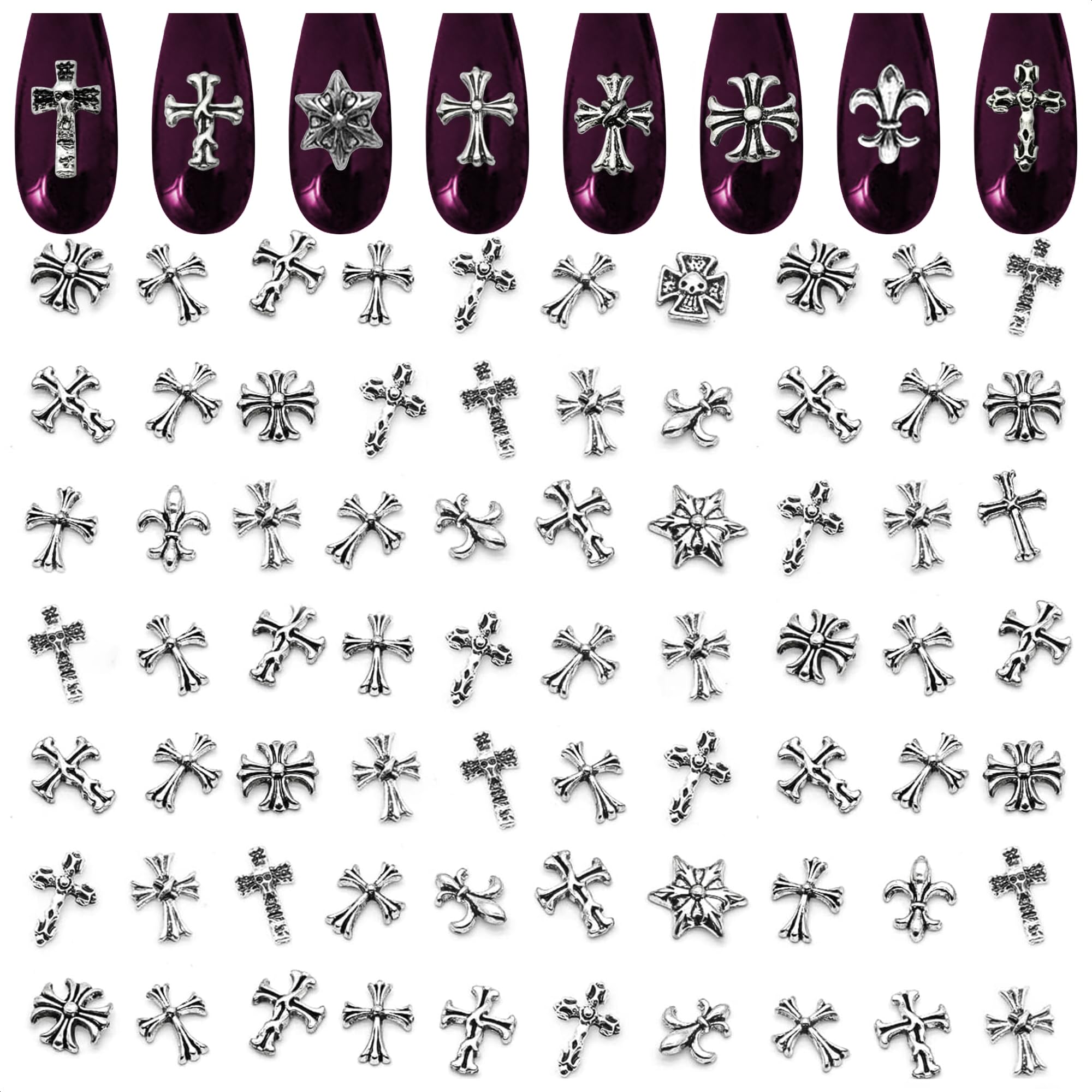 100 Pcs Silver Cross Nail Charms and Gems - 3D Acrylic Cross Charms for Nails for DIY & Professional Manicure - Easy-to-Apply & Durable Nail Decorations, Versatile for Y2K & Nail Studs