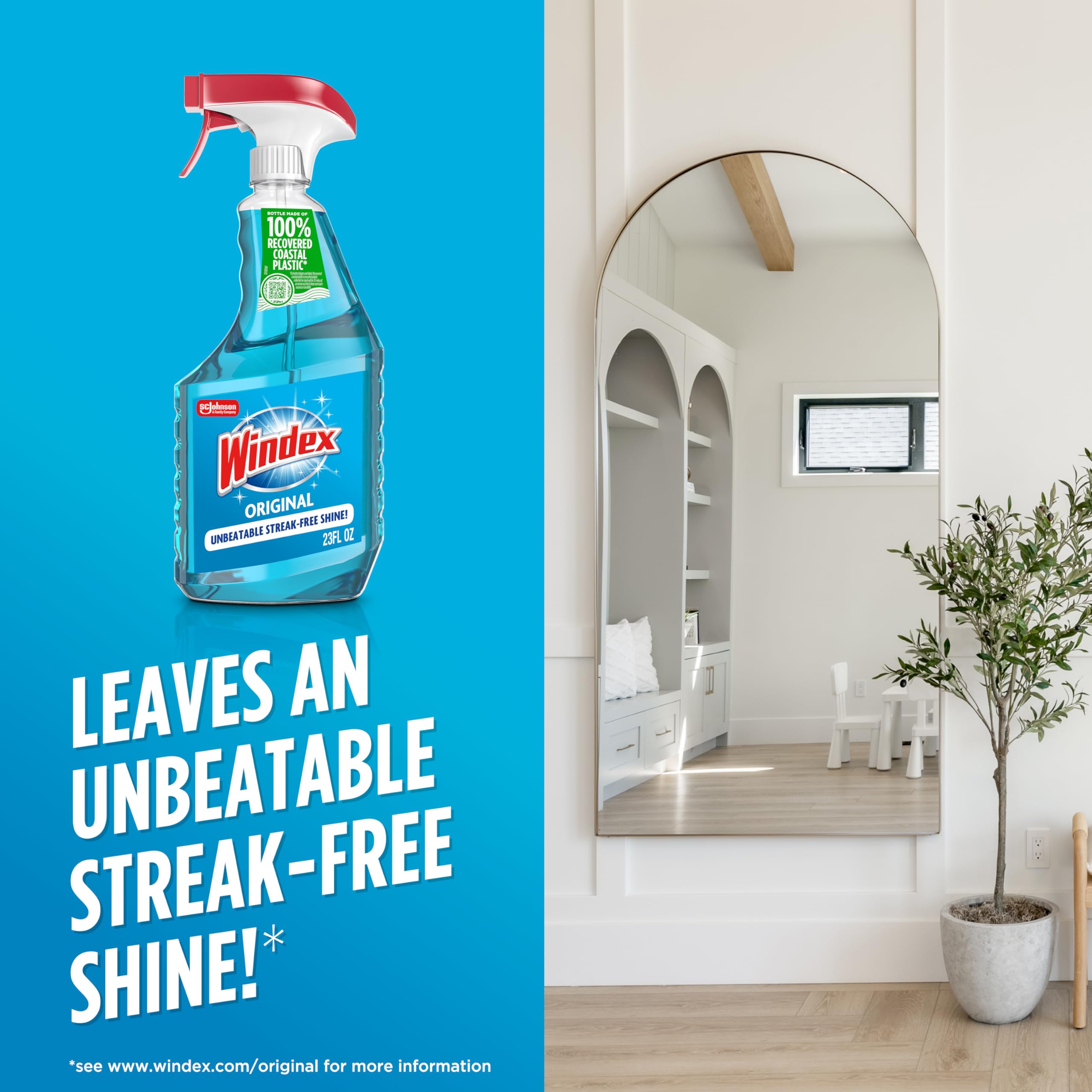 Windex Glass and Window Cleaner Spray Bottle, Packaging Designed to Prevent Leakage and Breaking, Surface Cleaning Spray, Original Blue Scent, 23 Fl Oz