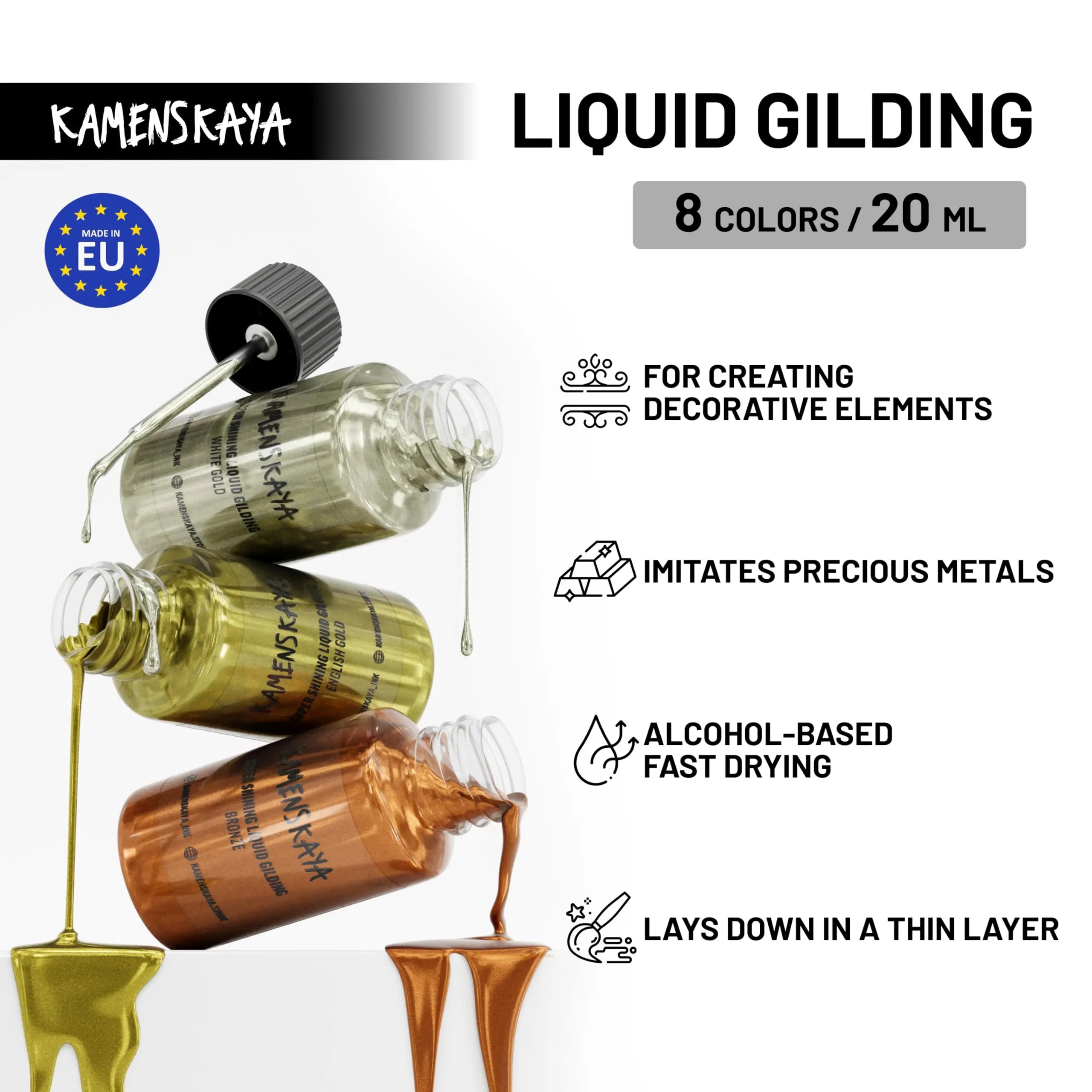 KAMENSKAYA Liquid Gold Leaf Paint - Alcohol Based Fast Drying Rich Gold Liquid Leaf, 0.68 fl oz (20 ml)