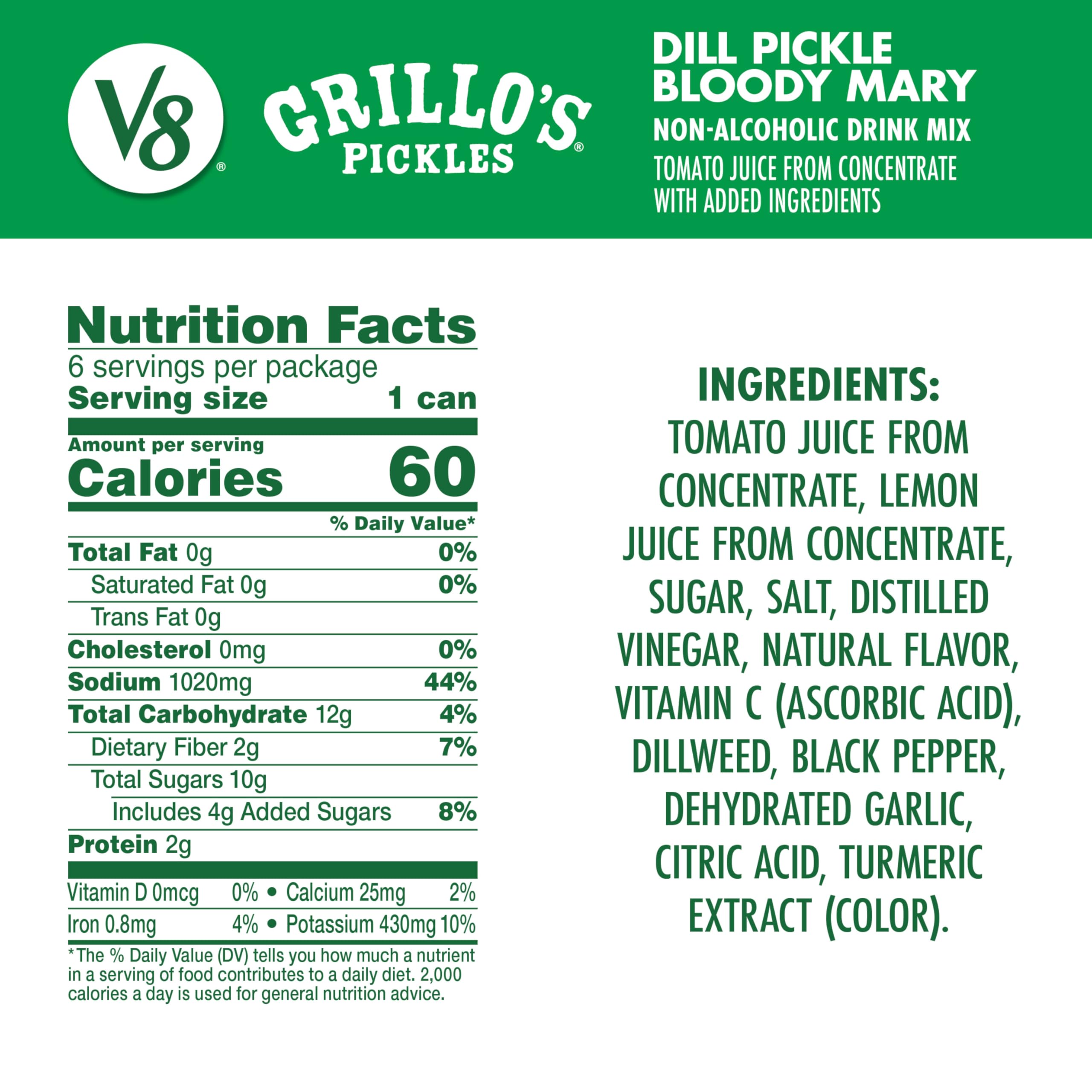 V8 Grillo's Pickles Dill Pickle Bloody Mary Mix, 8 fl oz Can (6 Pack)