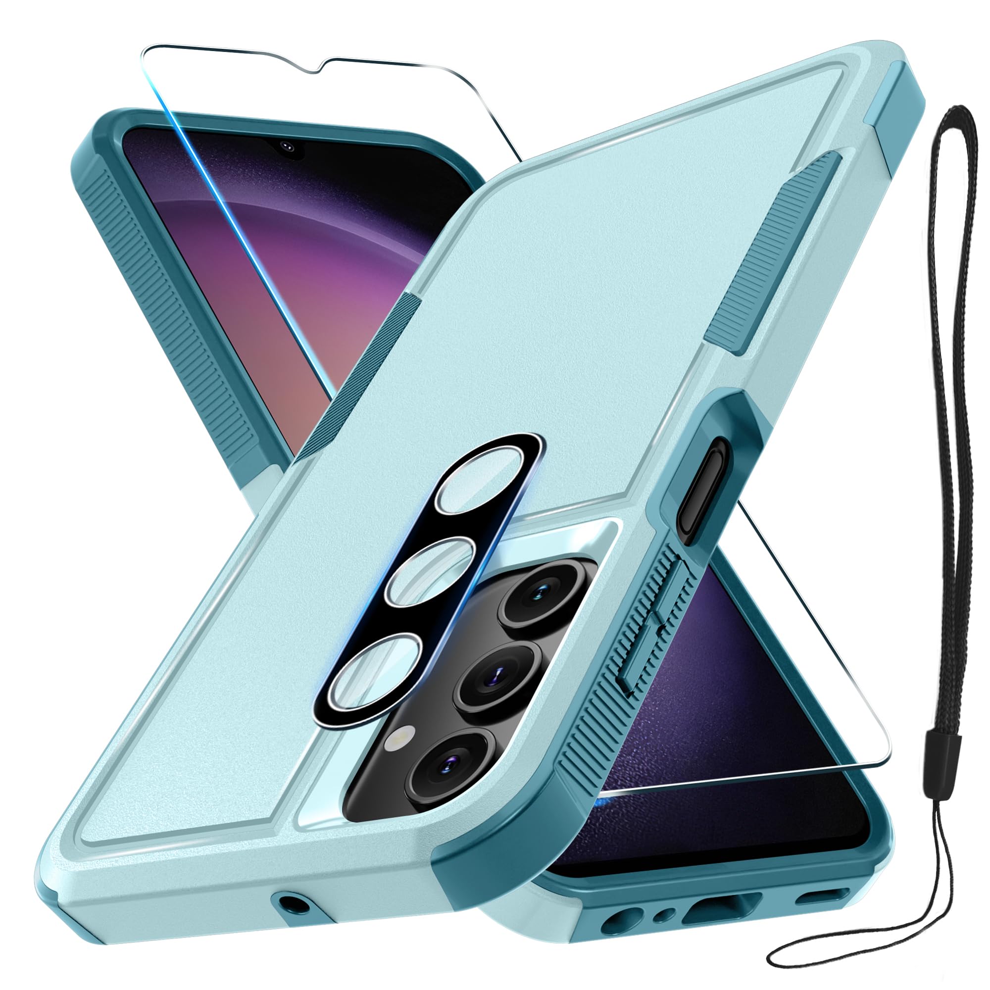 RMOCR Case for Samsung Galaxy A16 5G, Full Body Heavy Duty Rugged Shockproof Protective Phone Cover with Lanyard Strap, Tempered Glass Screen Protector and Camera Lens Cover, Mint Green