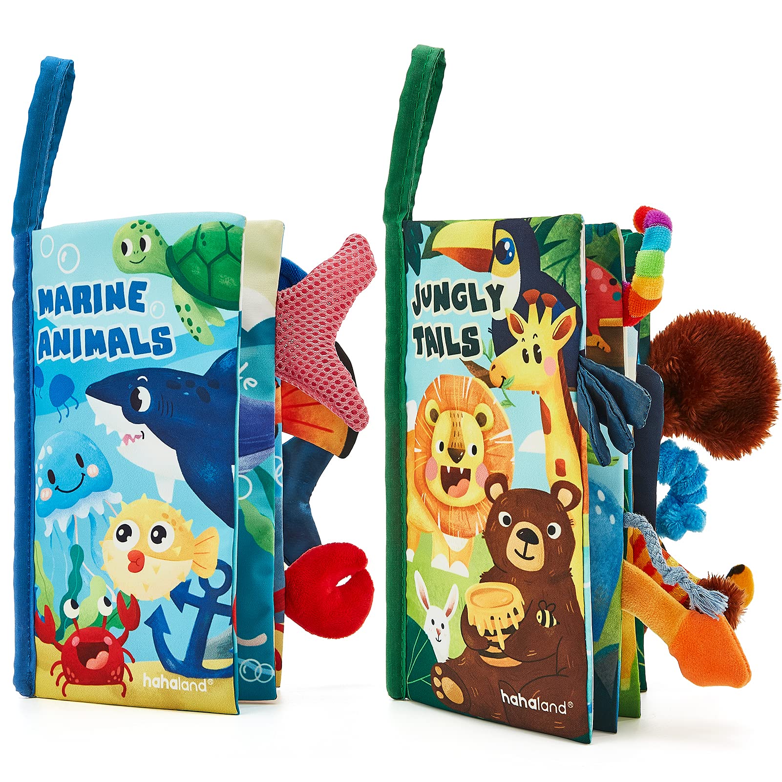 hahaland Baby Toys 0-6 Months - Crinkle Books for Babies 2PCS, Cloth Texture Tails Sensory Book 6-12 Months, Soft Tummy Time Toys 3 4 5 Month Newborn Infant Boys Gifts Christmas Baby Stocking Stuffers