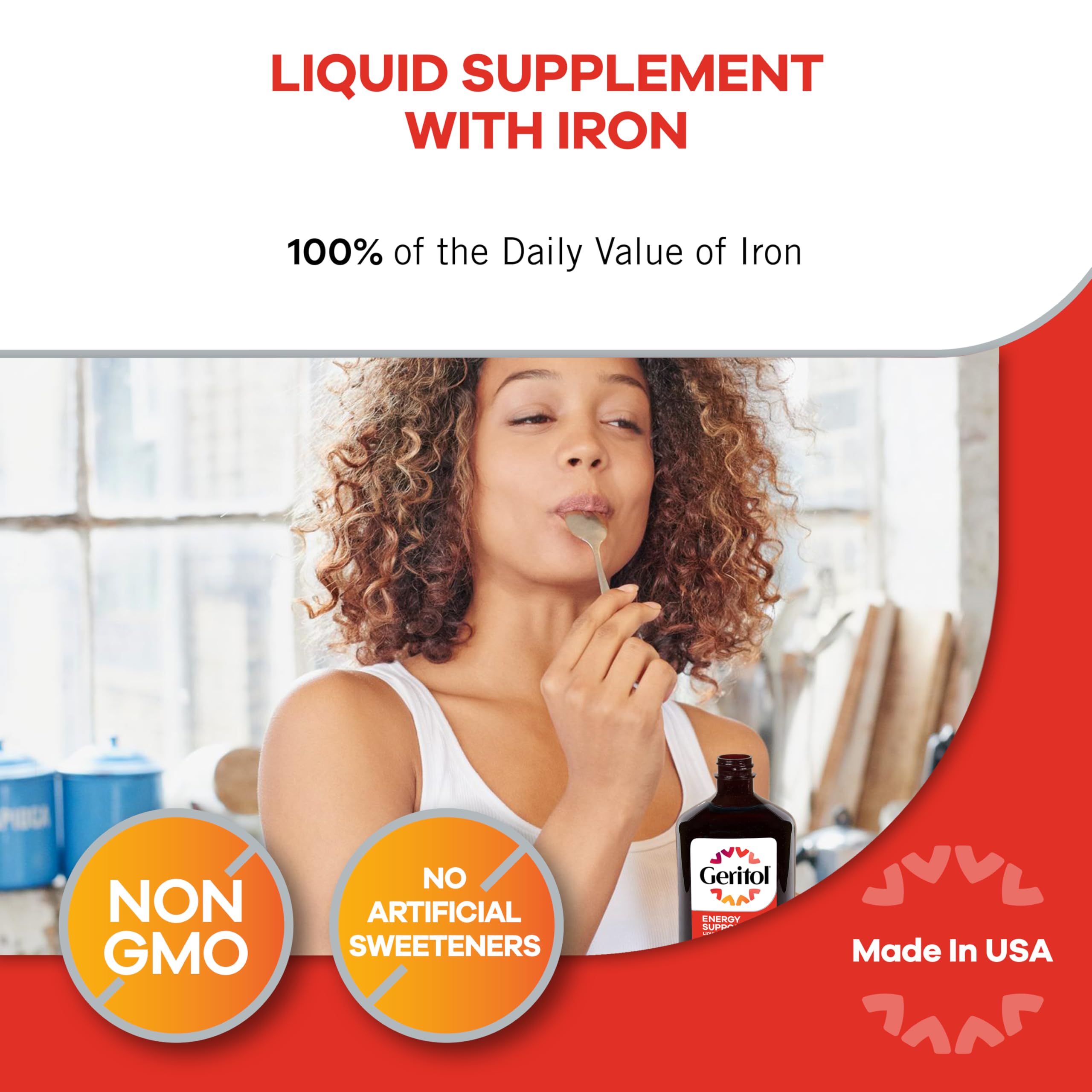 Geritol, Liquid Vitamin and Iron Supplement, Energy Support, Contains High Potency B-Vitamins and Iron, Pleasant Tasting, Easy to Swallow, No Artificial Sweeteners, Non-GMO, 12 Oz