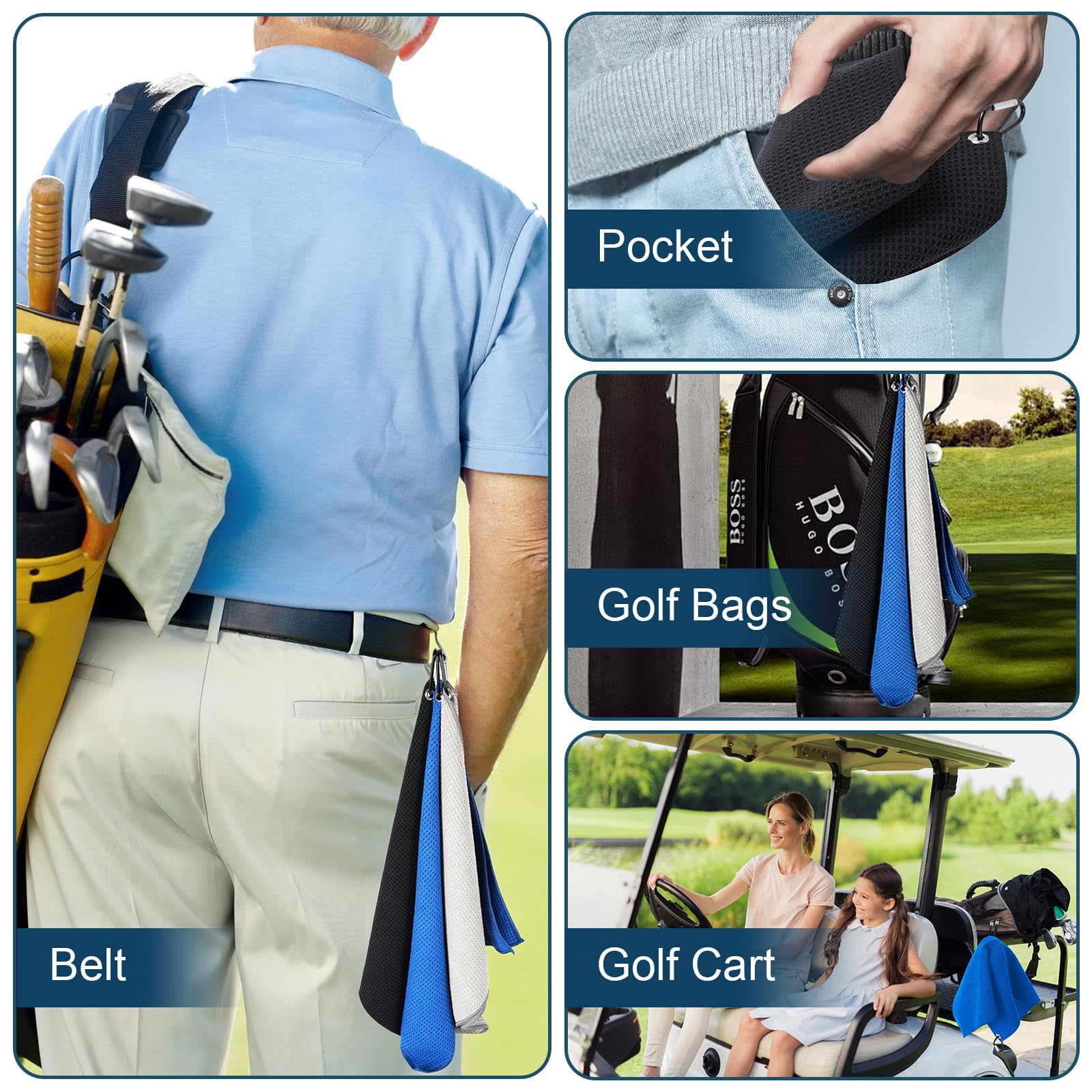 SPOROKET 3 Pack Golf Towel (16" x 16") with Carabiner Clip, Microfiber Golf Towels for Golf Bags Accessories for Men (Gray, Blue, Black)