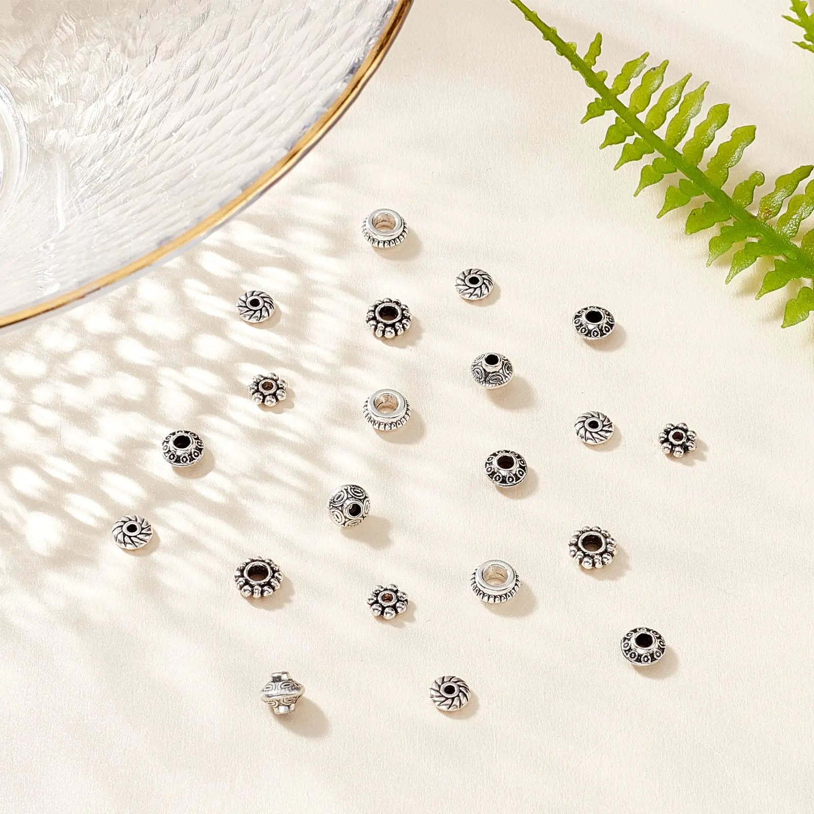 PH PandaHall 300pcs 6 Style Antique Silver Spacer Beads, Tibetan Metal Alloy Tube Spacers Flower Flat Rondelle Small Loose Beads for Bracelet Necklace Earring Jewelry Making Supplies