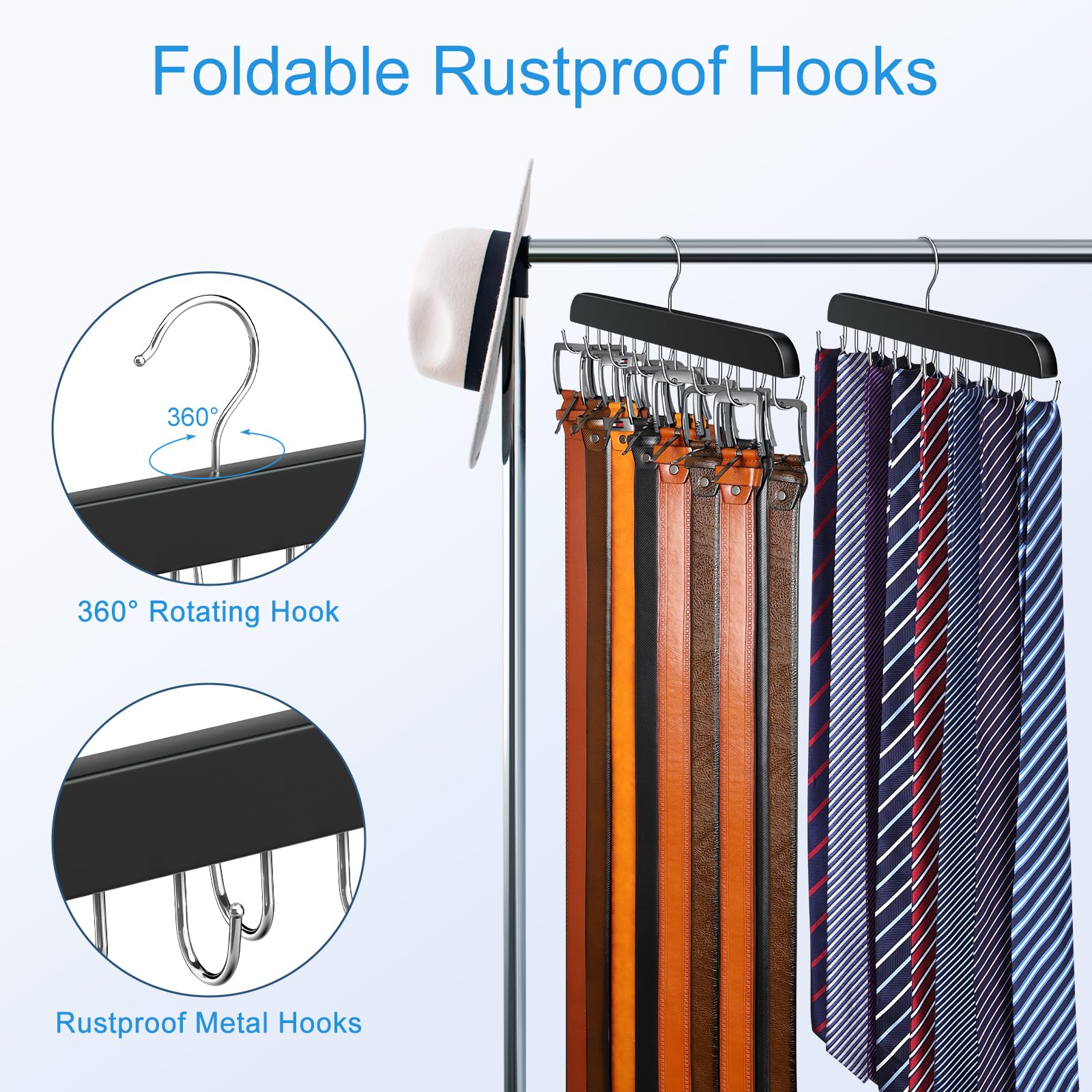Belt Hanger for Closet Max 42 Belts, Sturdy Wood Belt Rack Closet Accessories with 14 Hooks Belt Organizer for Closet Organizers and Storage -Black 1 Pack