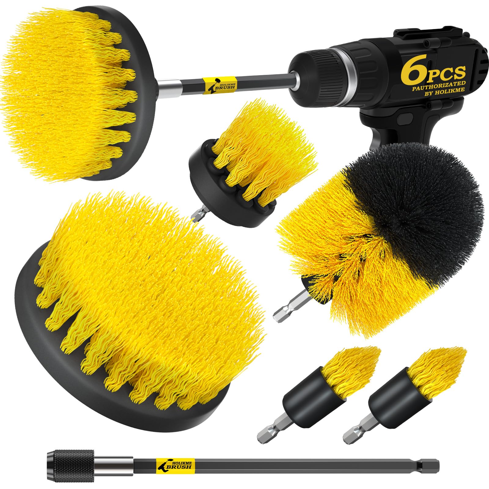 Holikme 6er-Pack Bohrbürsten Power Scrubber Reinigungsbürsten-Set mit langer Verlängerung, Allzweck-Bürsten-Kit für Fugen, Boden, Wanne, Dusche, Fliesen, Bad- und Küchenoberflächen, Gelb