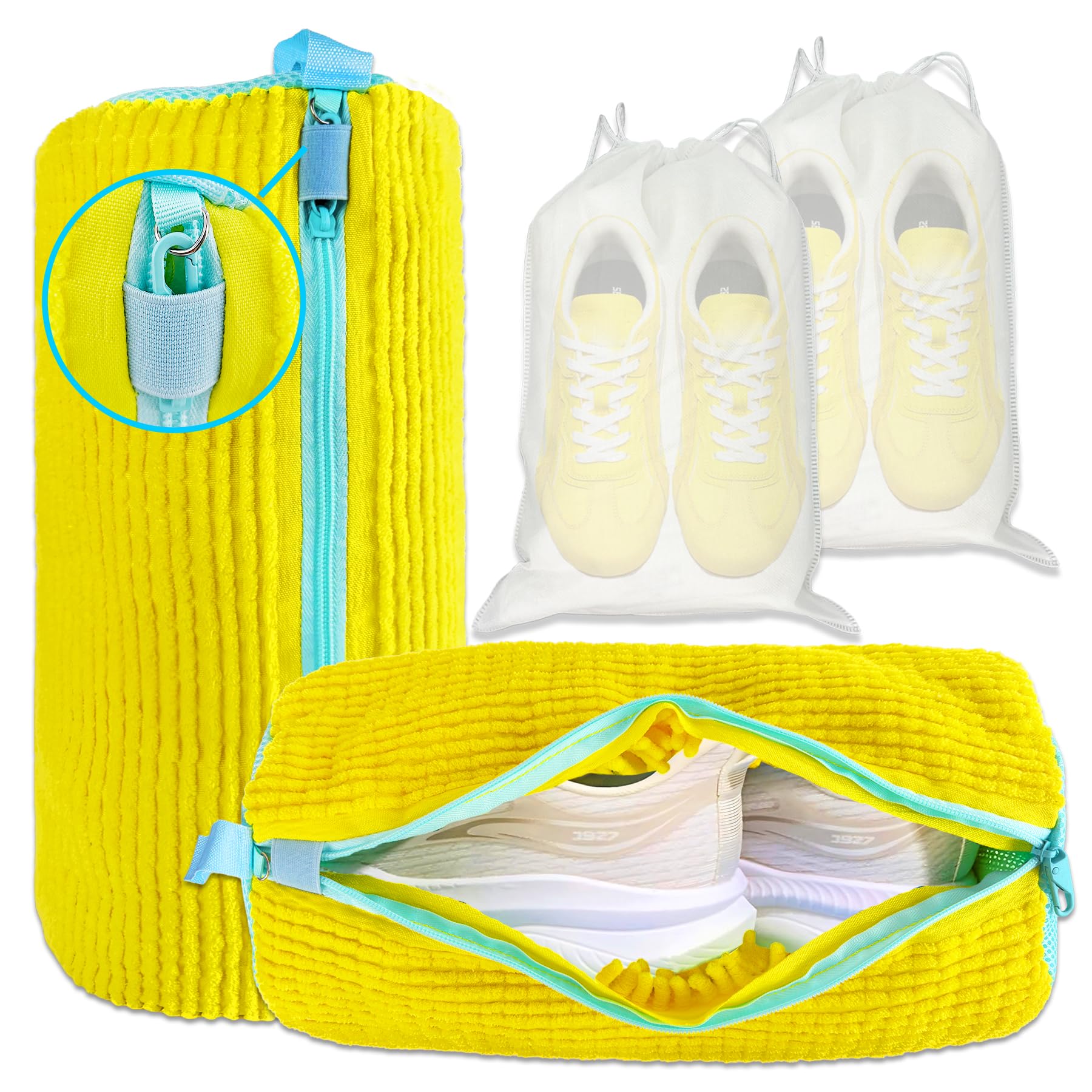 CNEYSID XXL Shoe Washing Machine Bag - 2-Pack Reusable Shoes Cleaning Bags, 360 degrees Deep Clean for Tennis Shoes, Sneakers and Slippers, Includes 2 Shoe Storage Dust Bags (Yellow)