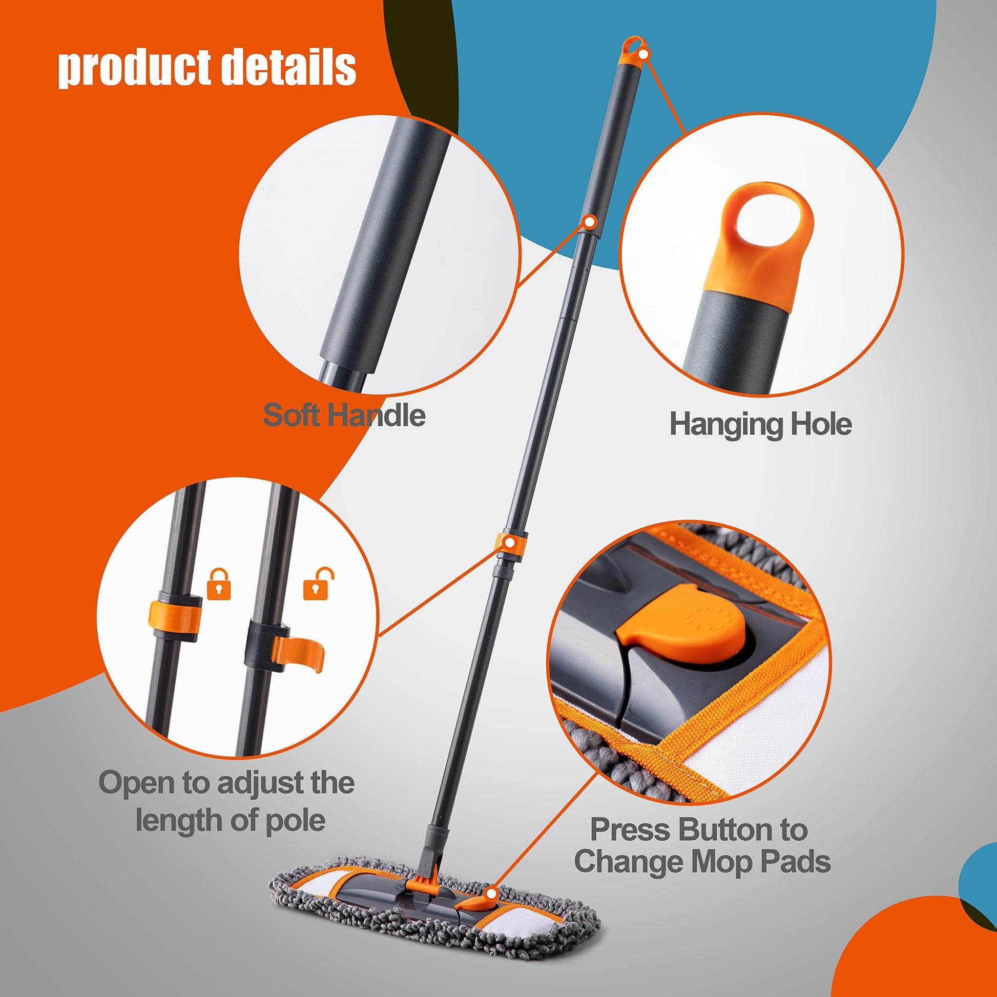 CLEANHOME Mops for Floor Cleaning with 3 Different Washable Pads and Extendable 55” Long Handle, Multifunction Dust Mop for Hardwood,Marble,Tile Floor Mopping,Orange