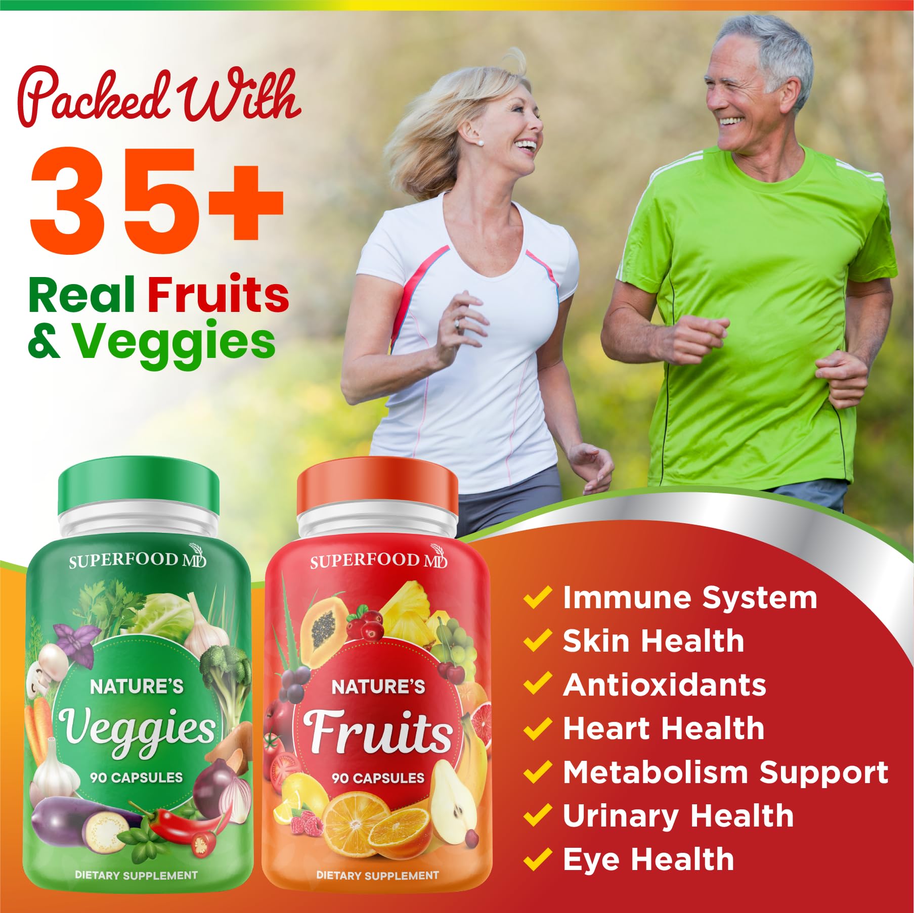 Superfood MD Fruits & Veggies Supplement - Whole Food Natural Superfoods - Supports Energy Levels, with Aloe Vera - Soy Free- 90 Count (Pack of 2)