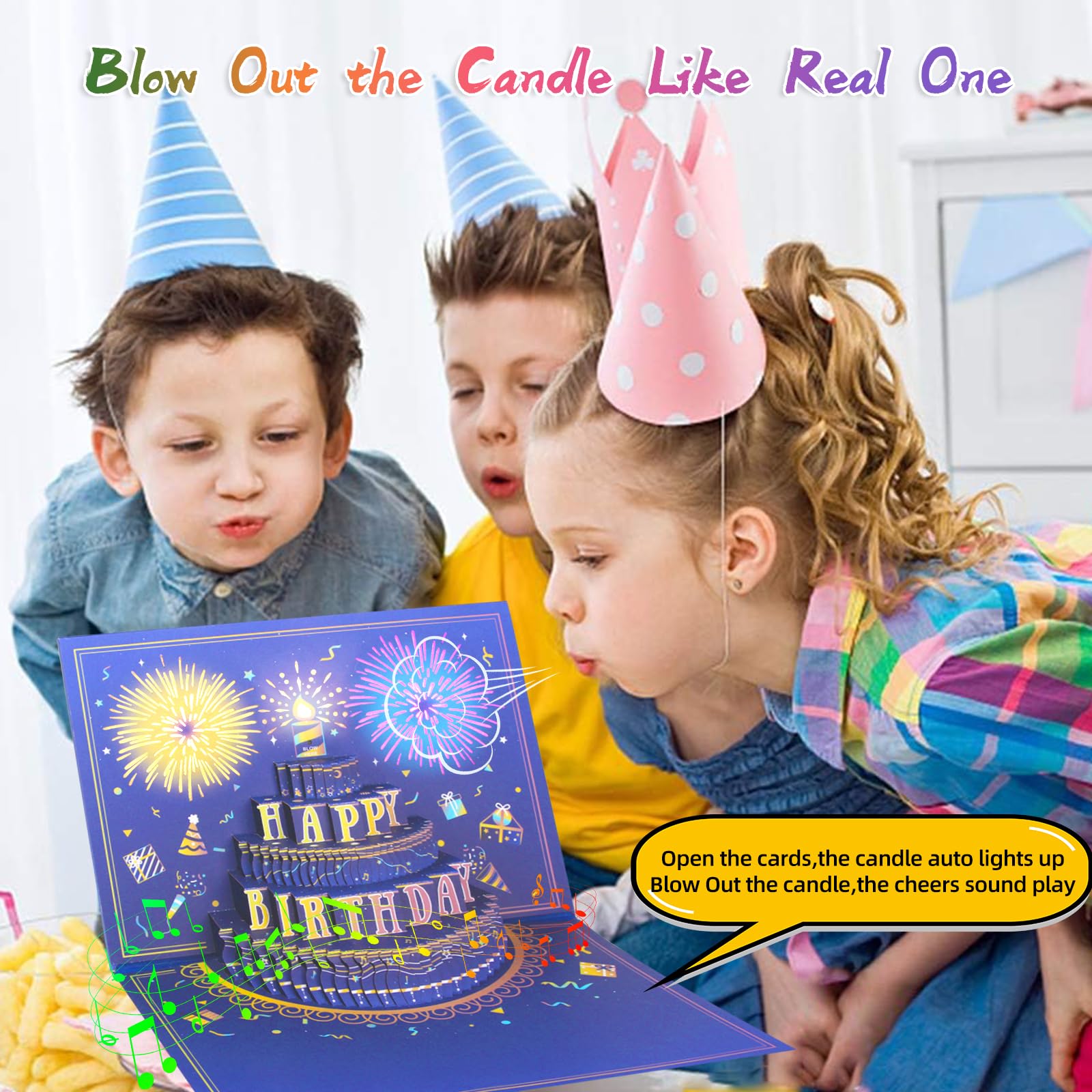 MZD8391 UPGRADED 3D Pop Up Firework Birthday Cards, Musical LED Lights Birthday Cards with Blowable Birthday Cake, Greeting Cards, Birthday Gifts for Mom Women Men Kids Child Dad Father Wife
