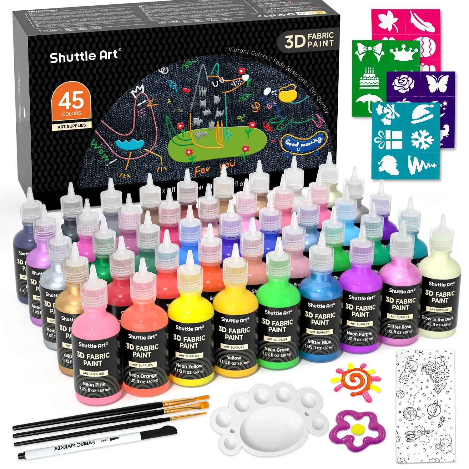 Shuttle Art Fabric Paint Set, 45 Colors 3D Permanent Paint with Brushes Palette Pen Fabric Sheet Stencils, Glow in The Dark, Glitter,Metallic Colors for Textile Fabric T-shirt Jeans Glass
