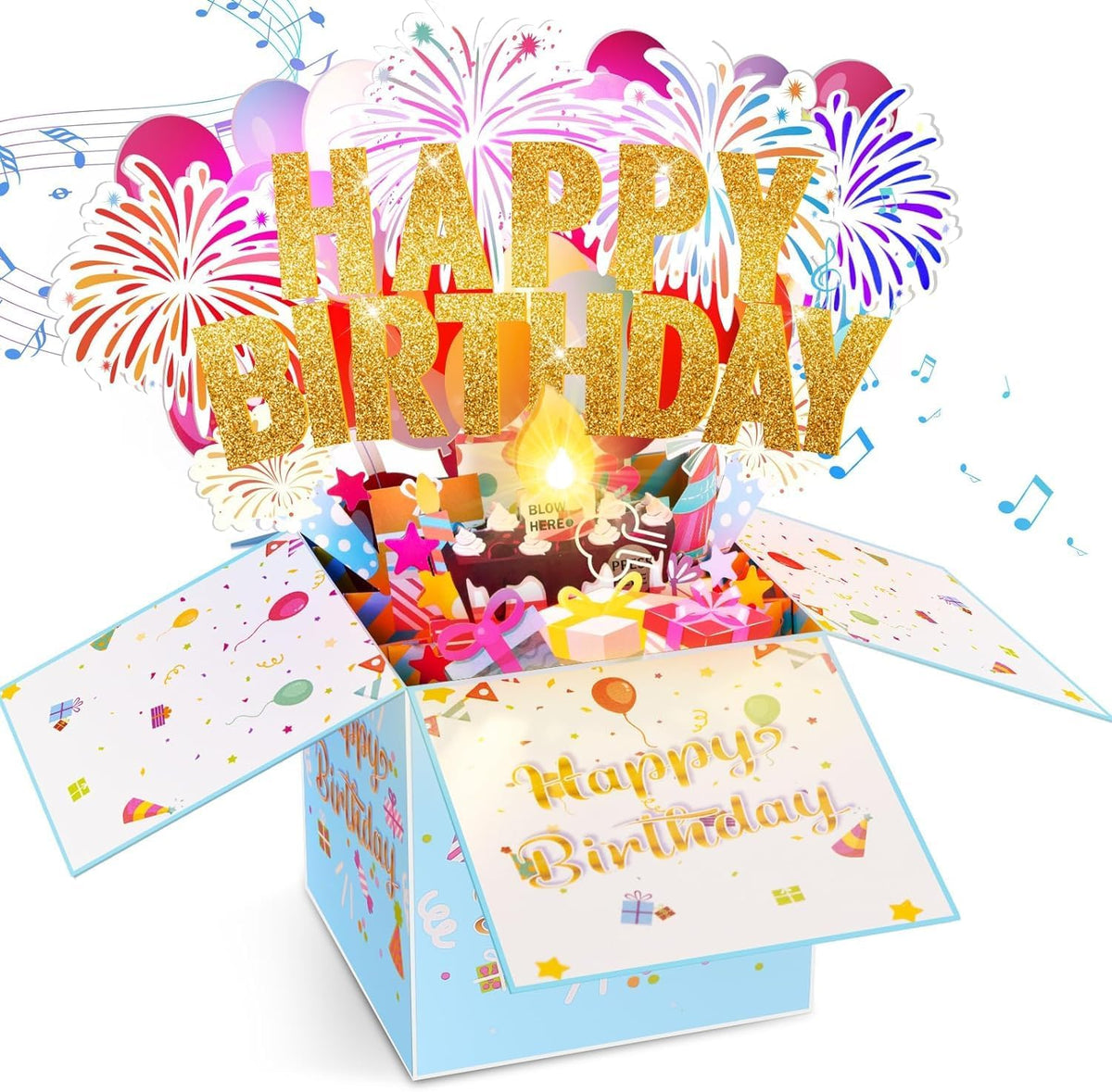 Large Pop Up Birthday Cards with Blowable Lights and Music,1-100 Ages Funny Happy Birthday Cards 3D Greeting Cards Special Birthday Gifts for Kids Teens Women Men Son Daughter