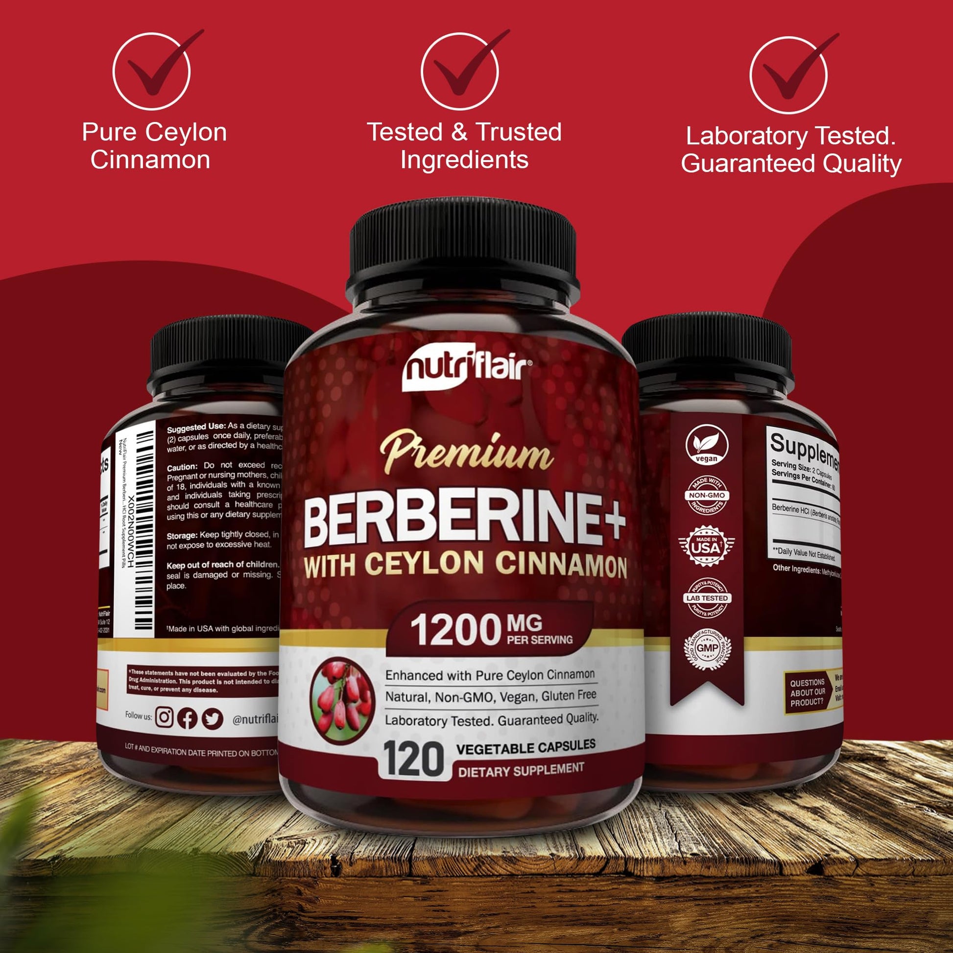 NutriFlair Premium Berberine HCL 1200mg, 120 Capsules - Plus Pure True Ceylon Cinnamon, Berberine HCI Root Supplements Pills - Immune System - yields an Optimal 8% HCl