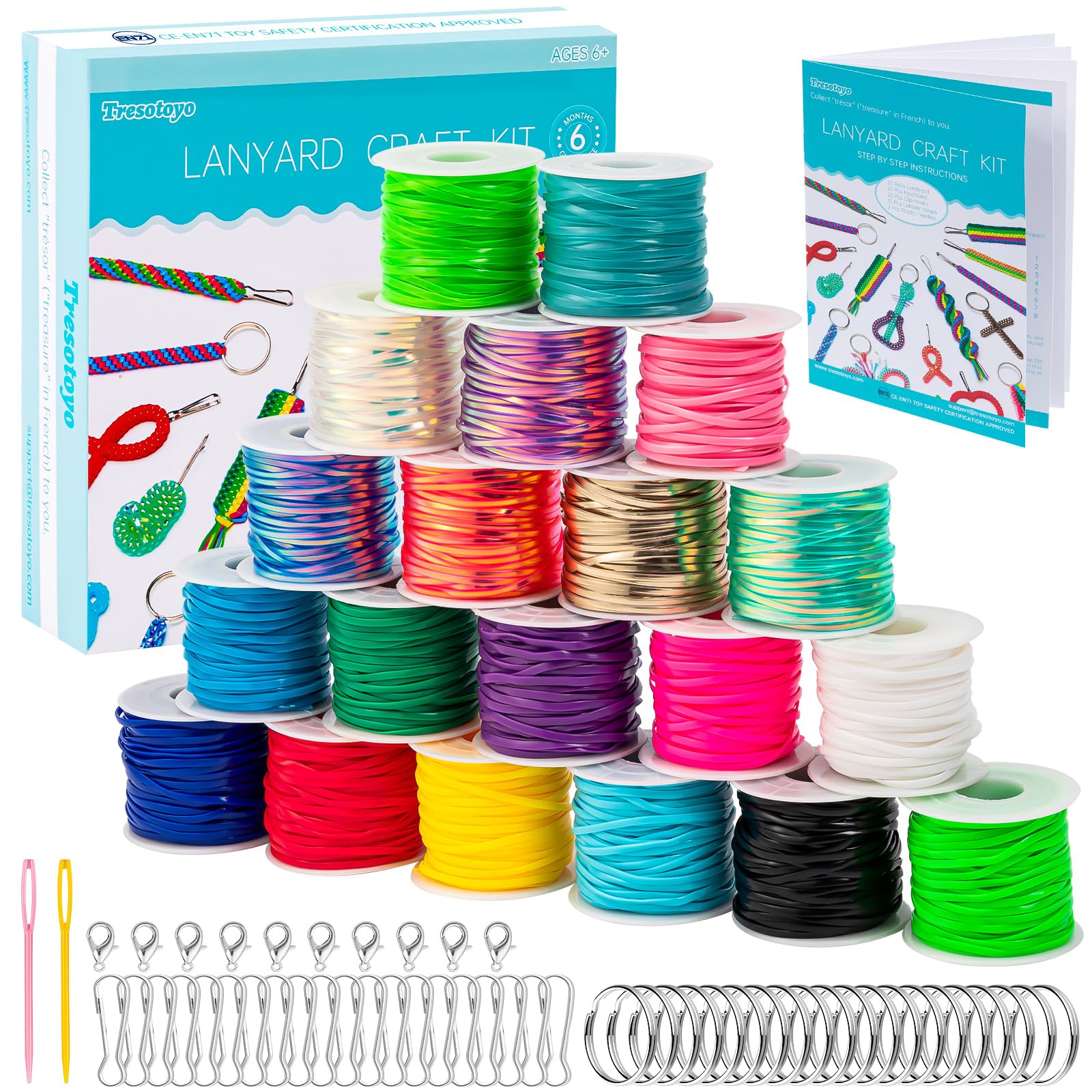 Tresotoyo Lanyard String, 20 Rolls Gimp String, Plastic String Lacing Cord, Boondoggle String Kit 1200 Feet and 52Pcs Keychain Lanyards Accessories for Keychain Crafts, Bracelet with Instruction Box