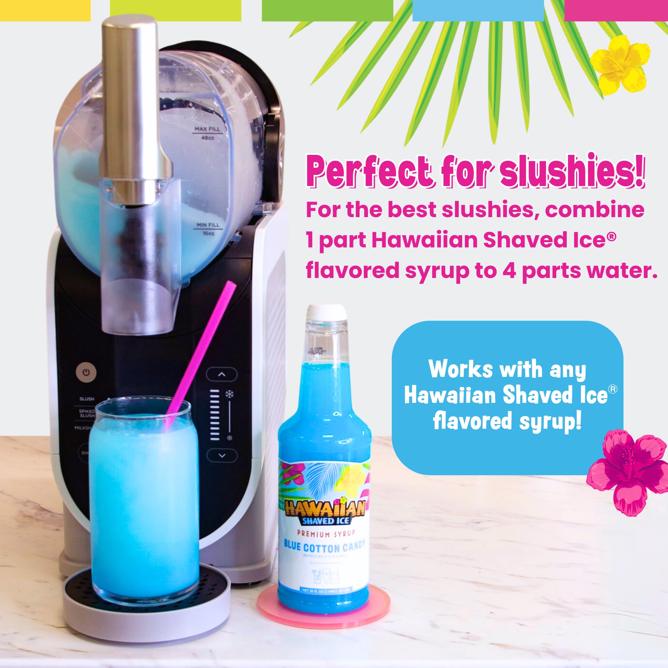 Hawaiian Shaved Ice Syrup Assortment with 3 - 16oz Bottles, 25 Snow Cone Cups, 25 Spoon Straws, and 3 Pouring Spouts. Flavors: Cherry, Blue Raspberry, and Grape. Allergy-friendly.