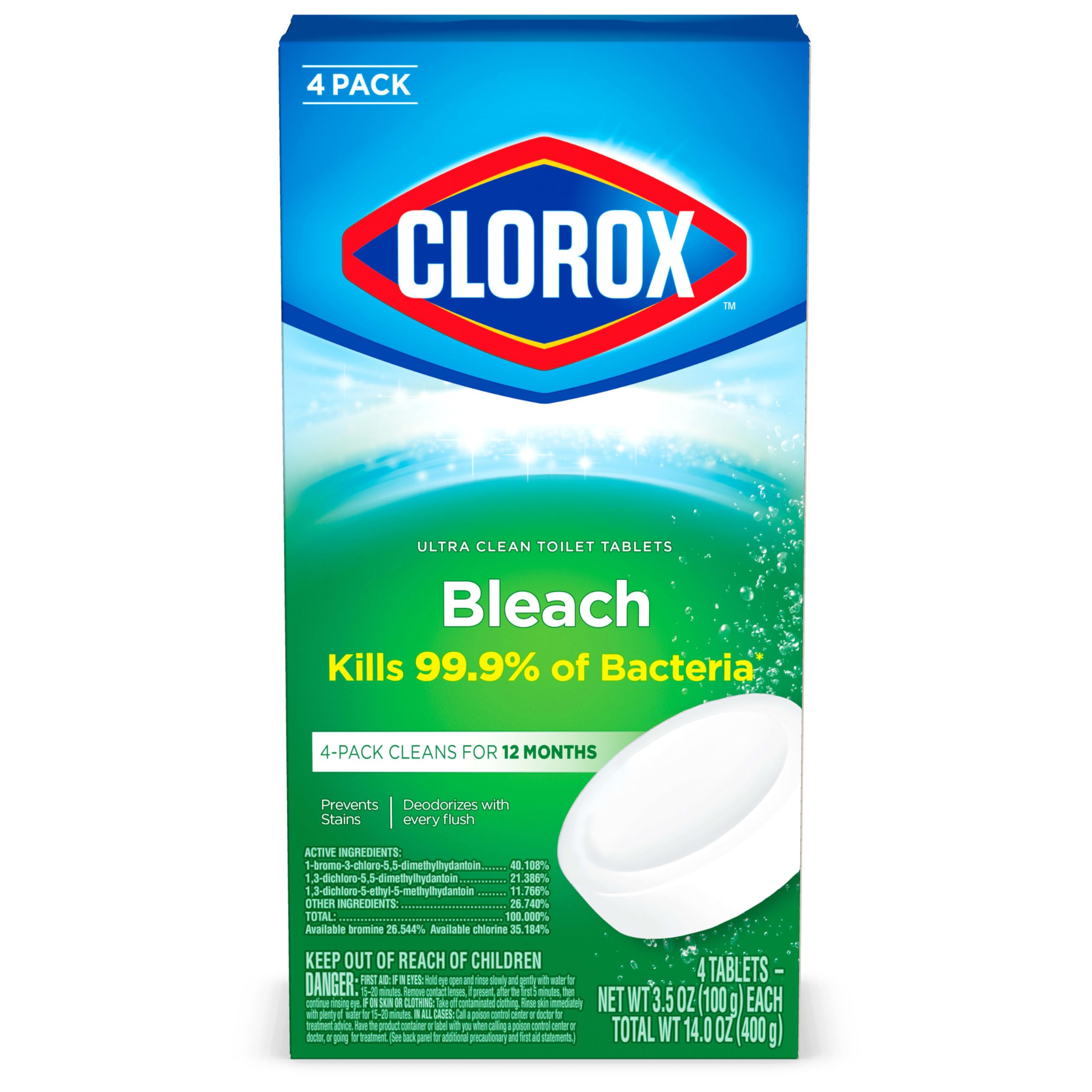 CLOROX Ultra Clean Toilet Tablets Bleach 4 Count, 3.5 Ounces Each (Package May Vary)