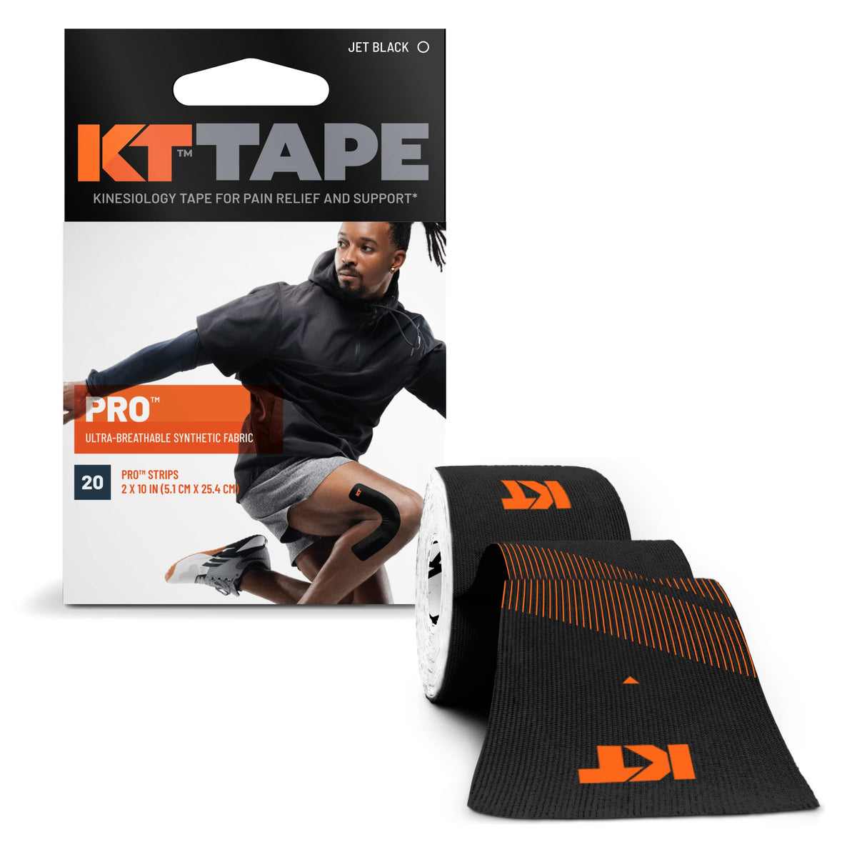 KT Tape, Pro Synthetic Kinesiology Athletic Tape, 20 Stück, 25 cm vorgeschnittene Streifen, Jet Black