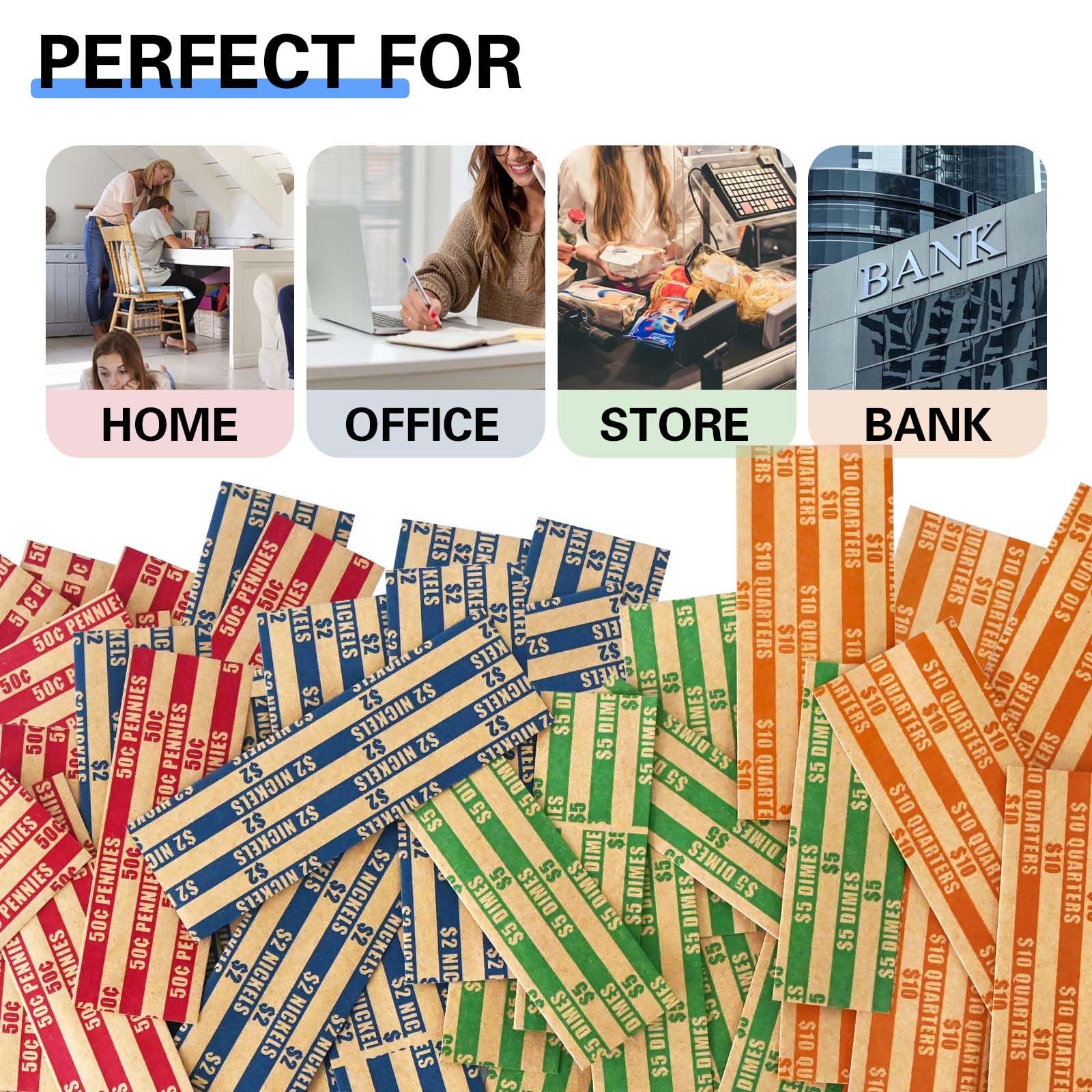 ESSENTIAL 100 pcs Assorted Packed Flat Stripped Coin Wrappers, Coin Rolls Wrapper for Quarters, Dimes, Nickels, Pennies