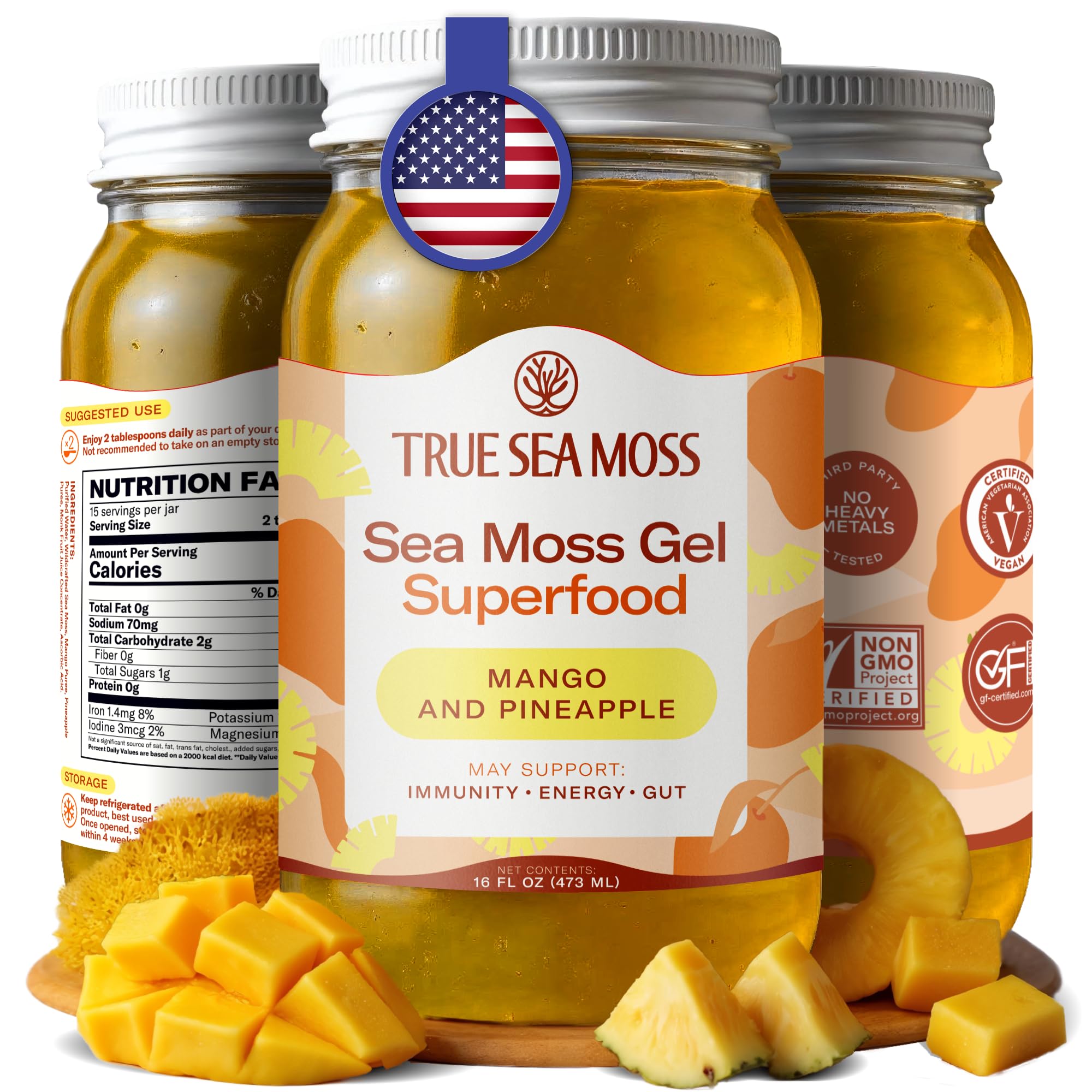 TrueSeaMoss Sea Moss Gel - Made in USA - Wildcrafted Seamoss, Fresh Fruits & Sea Vegetables - Mango/Pineapple, Pack of 1 (Labels may Vary)