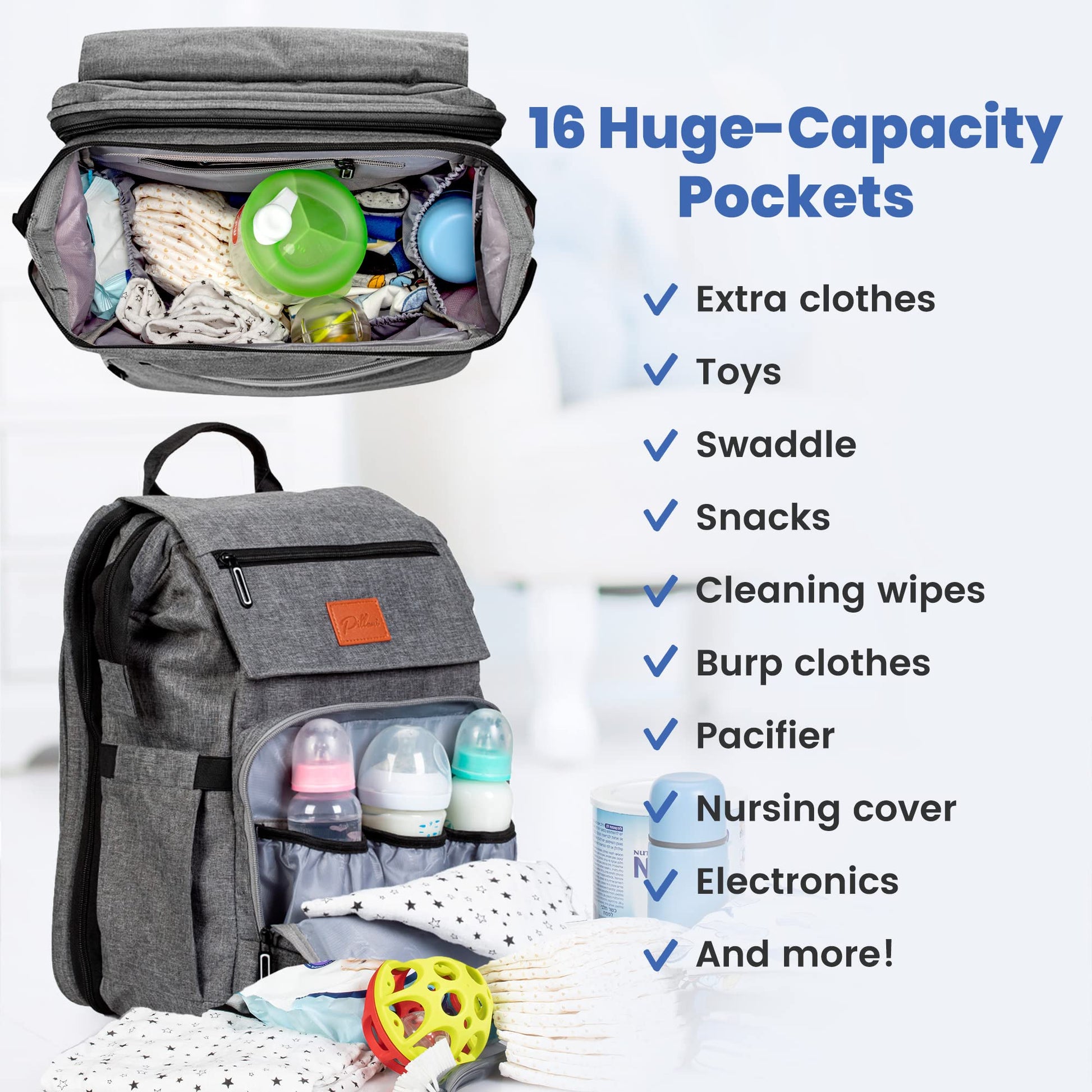 PILLANI Baby Diaper Bag Backpack - Large Bag for Boys & Girls, Waterproof Diaper Backpack - Travel Diaper Bags w/Changing Pad, Baby Registry Search & Shower Gifts - Essentials Must Haves Newborn Stuff
