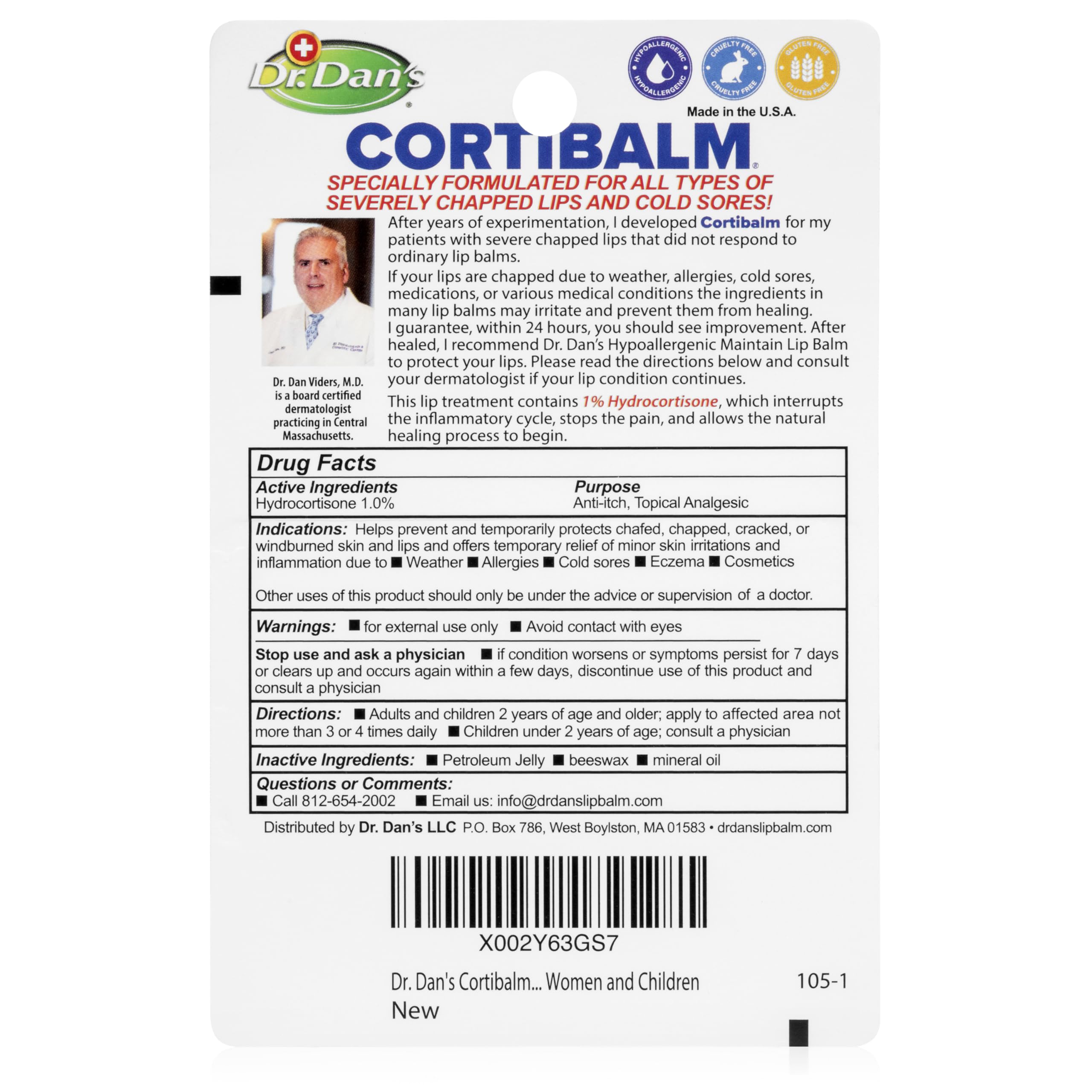 Dr. Dan's Cortibalm -3 Pack -for Dry Cracked Lips - Healing Lip Balm for Severely Chapped Lips- Designed for Men, Women and Children