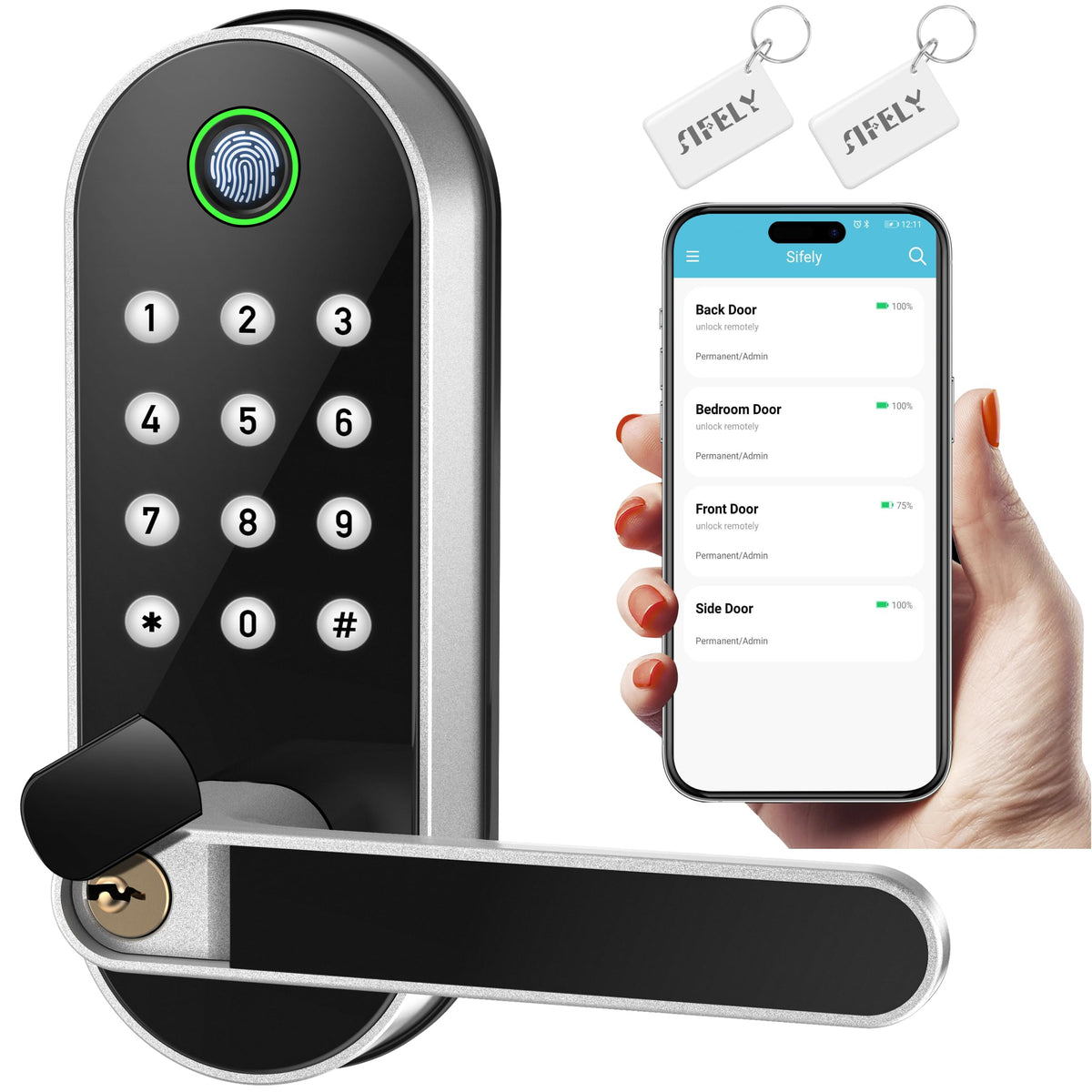 Keyless Entry Fingerprint Smart Lock with Handle & Keypad: Sifely Biometric Digital Electronic Lock with Code, Electric Deadbolt Door Knob for Front, Interior, Exterior & Bedroom Doors (Silver)