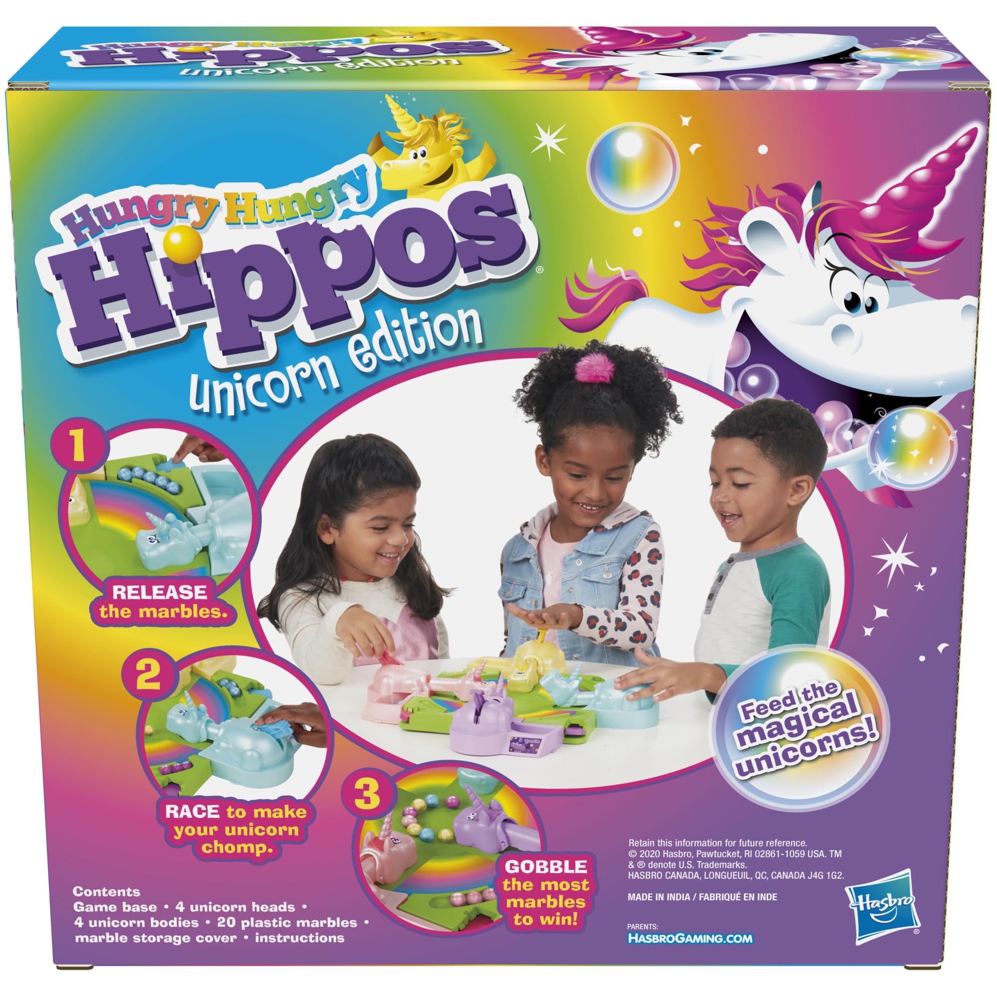 Hasbro Gaming Hungry Hippos Unicorn Edition Pre-School Board Game for Kids Ages 4 and Up; 2-4 Players (Amazon Exclusive)