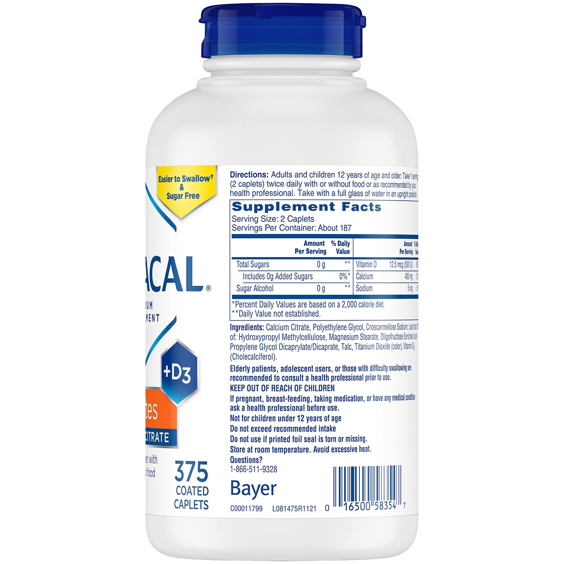 Citracal Petites, 400 mg Calcium Citrate, Easily Absorbed and Highly Soluble with 12.5 mcg (500 IU) Vitamin D3, Bone Health Support for Ages 12+, Smaller and Easier to Swallow Caplets, 375 Count