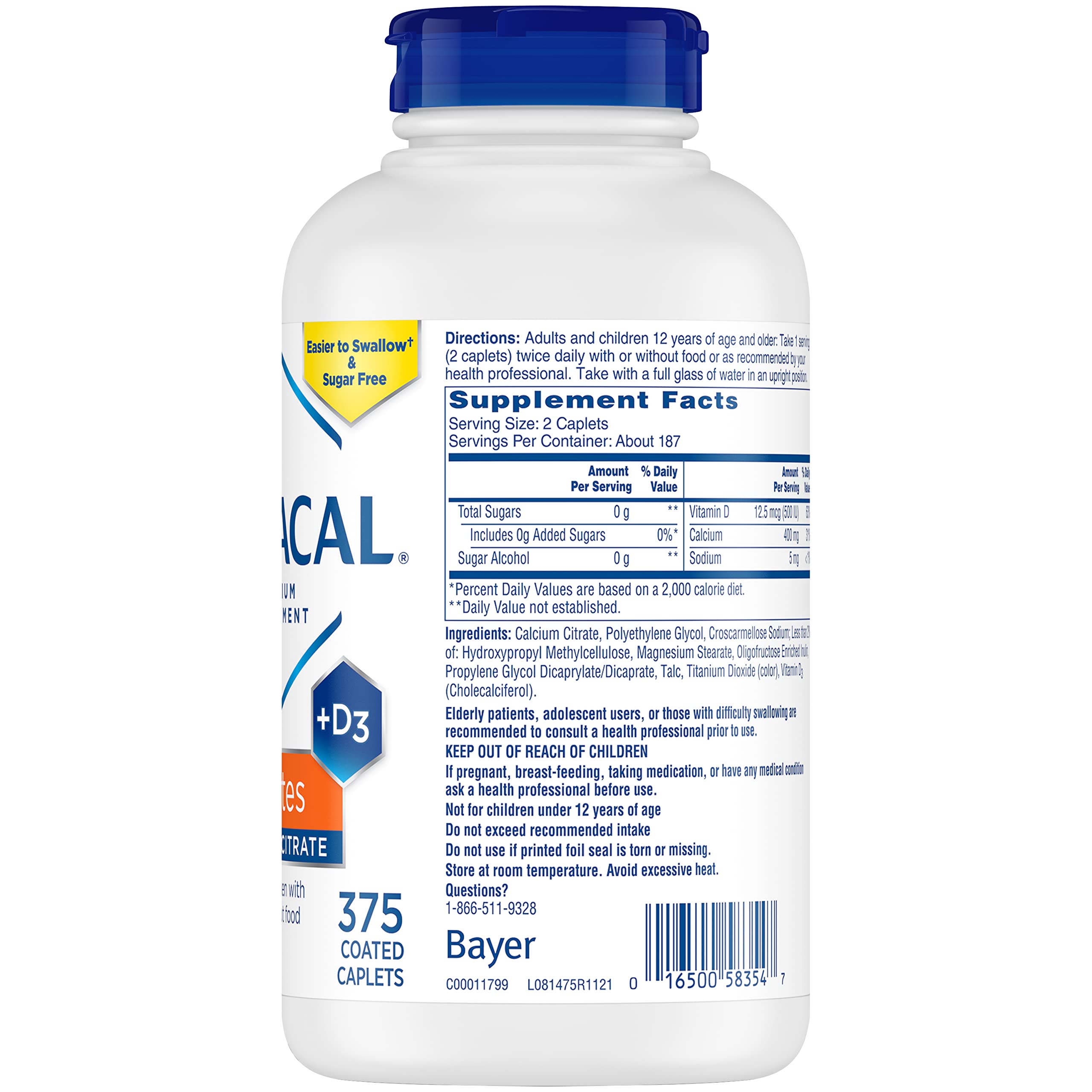Citracal Petites, 400 mg Calcium Citrate, Easily Absorbed and Highly Soluble with 12.5 mcg (500 IU) Vitamin D3, Bone Health Support for Ages 12+, Smaller and Easier to Swallow Caplets, 375 Count