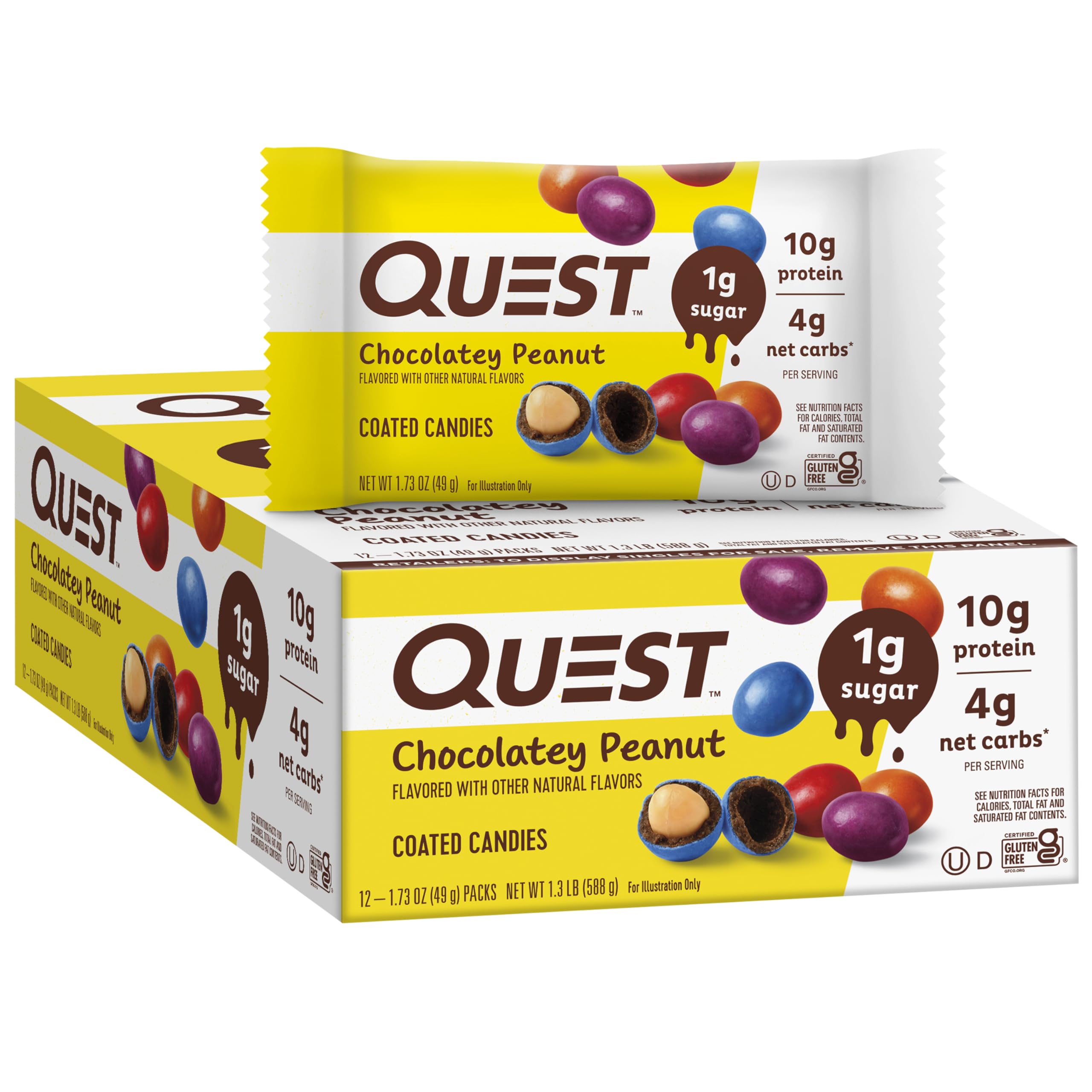 Quest Nutrition Coated Candies, Chocolatey Peanut, 1g Sugar, 10g Protein, 4g Net Carbs, Gluten Free, Keto Friendly, 12 Count