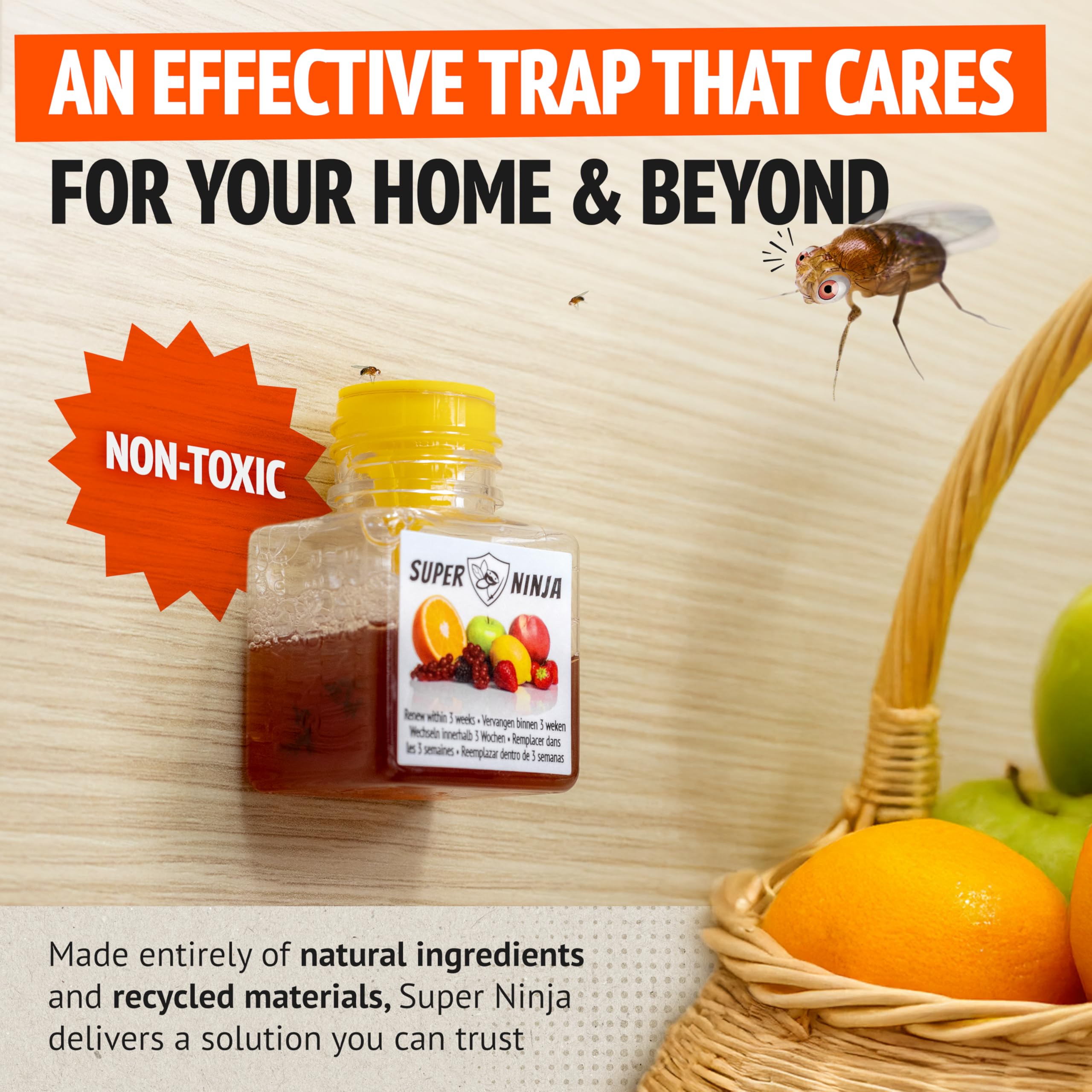 Super Ninja Fruit Fly Traps for Indoors - 4 Pack, Highly Effective Fruit Fly Catcher for Indoor Use for Home & Kitchen, Up to 3 Weeks of Performance per Bottle, Kid & Pet Friendly