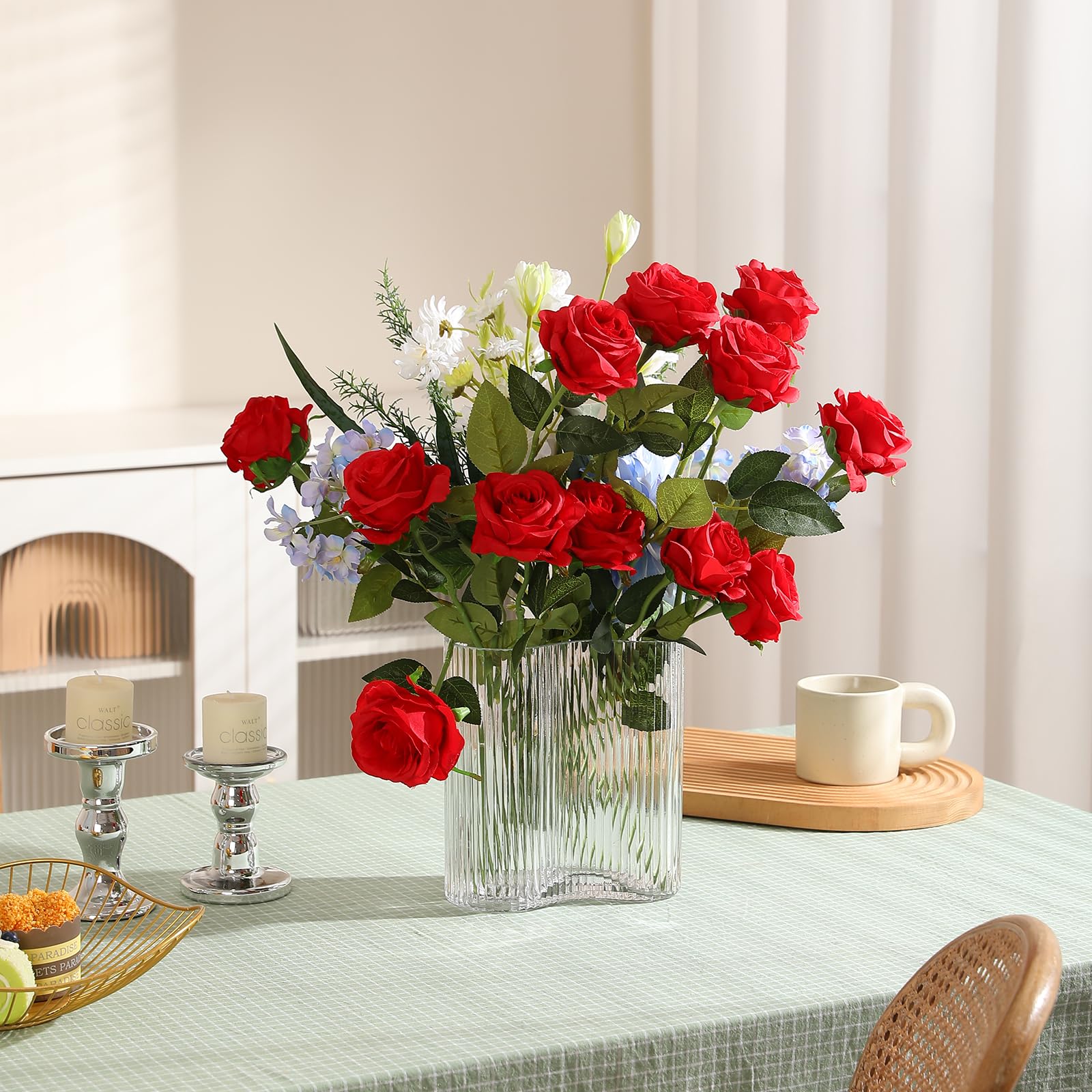 Hawesome 12PCS Artificial Silk Flowers Realistic Roses Bouquet Long Stem for Home Wedding Decoration Party A-Red -1