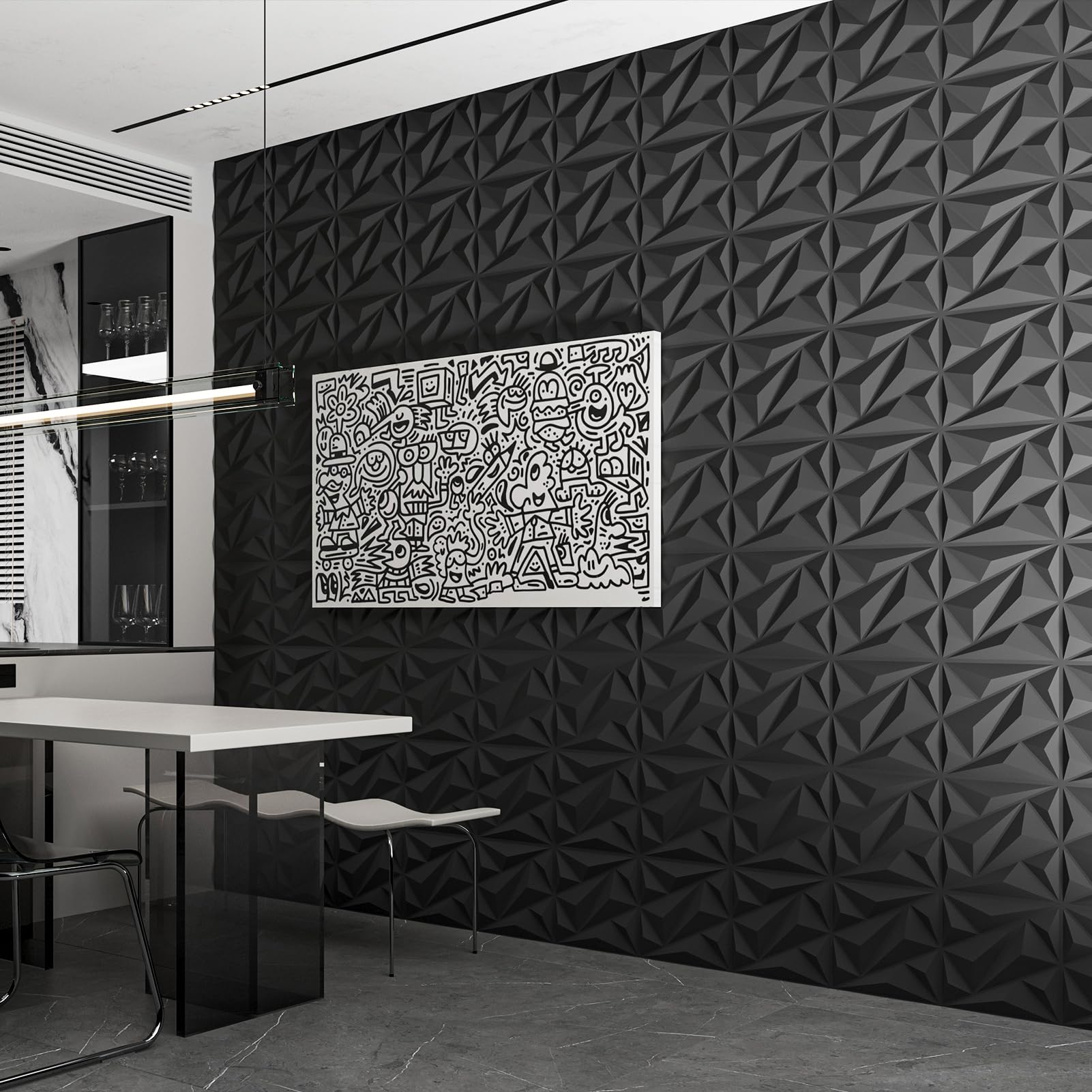 Art3dwallpanels 33 Pack 3D Wall Panel Diamond for Interior Wall Décor, PVC Flower Textured Wall Panels for Living Room Lobby Bedroom Hotel Office, Black, 12''x12'' Cover 32.Sq.Ft.