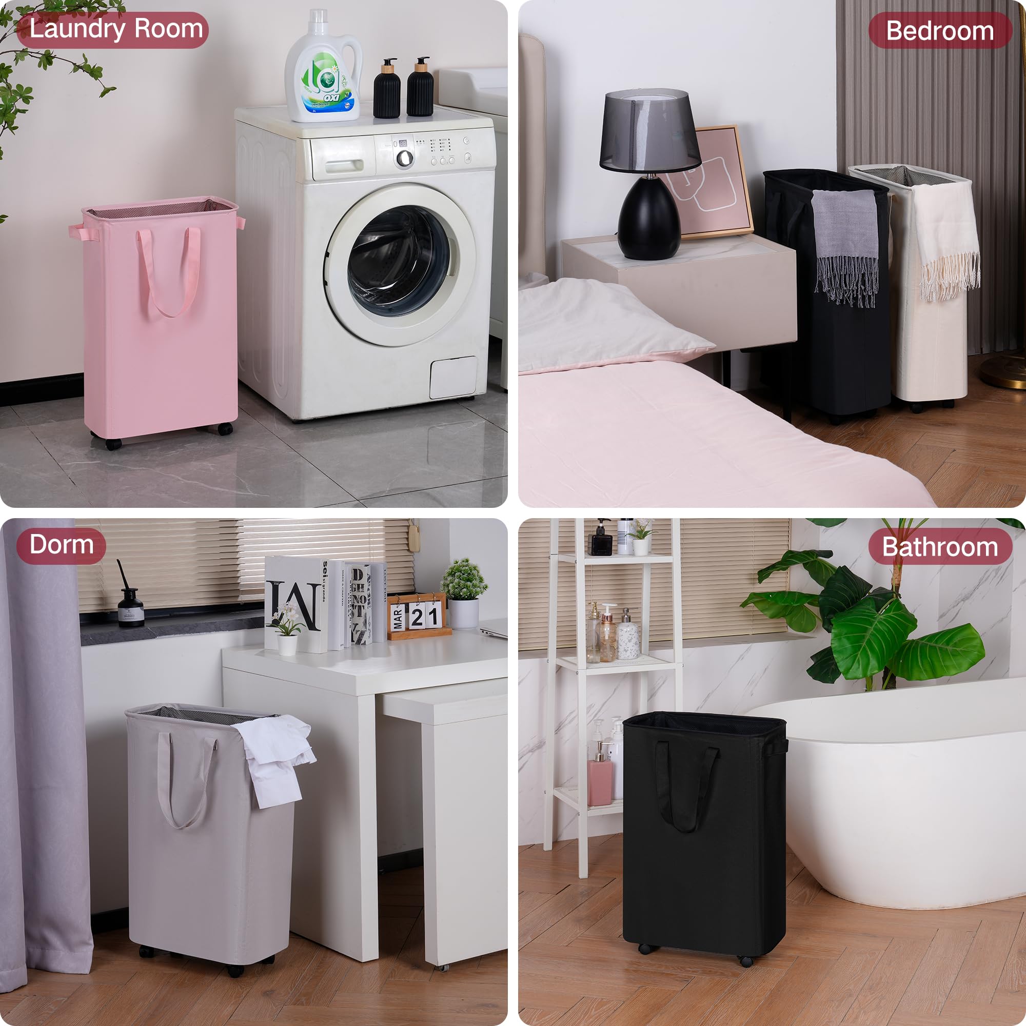 efluky Slim Laundry Hamper with Wheels, Rolling Laundry Basket for Clothes, Small Laundry Basket for Bedroom, Dorm and Laundry Room, 60L (12.7 Gallons) Beige
