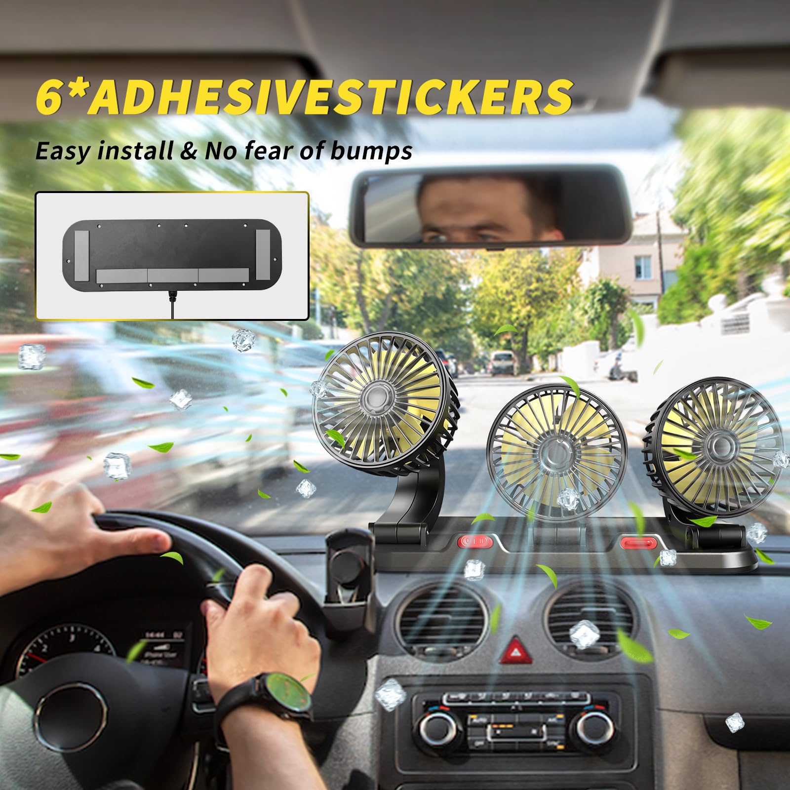 Portable 3-Head Car Cooling Fan - 2-Speed Adjustable, 360° Rotating, Cigarette Lighter Plug, Powerful Airflow for Vehicles, RVs, and SUVs