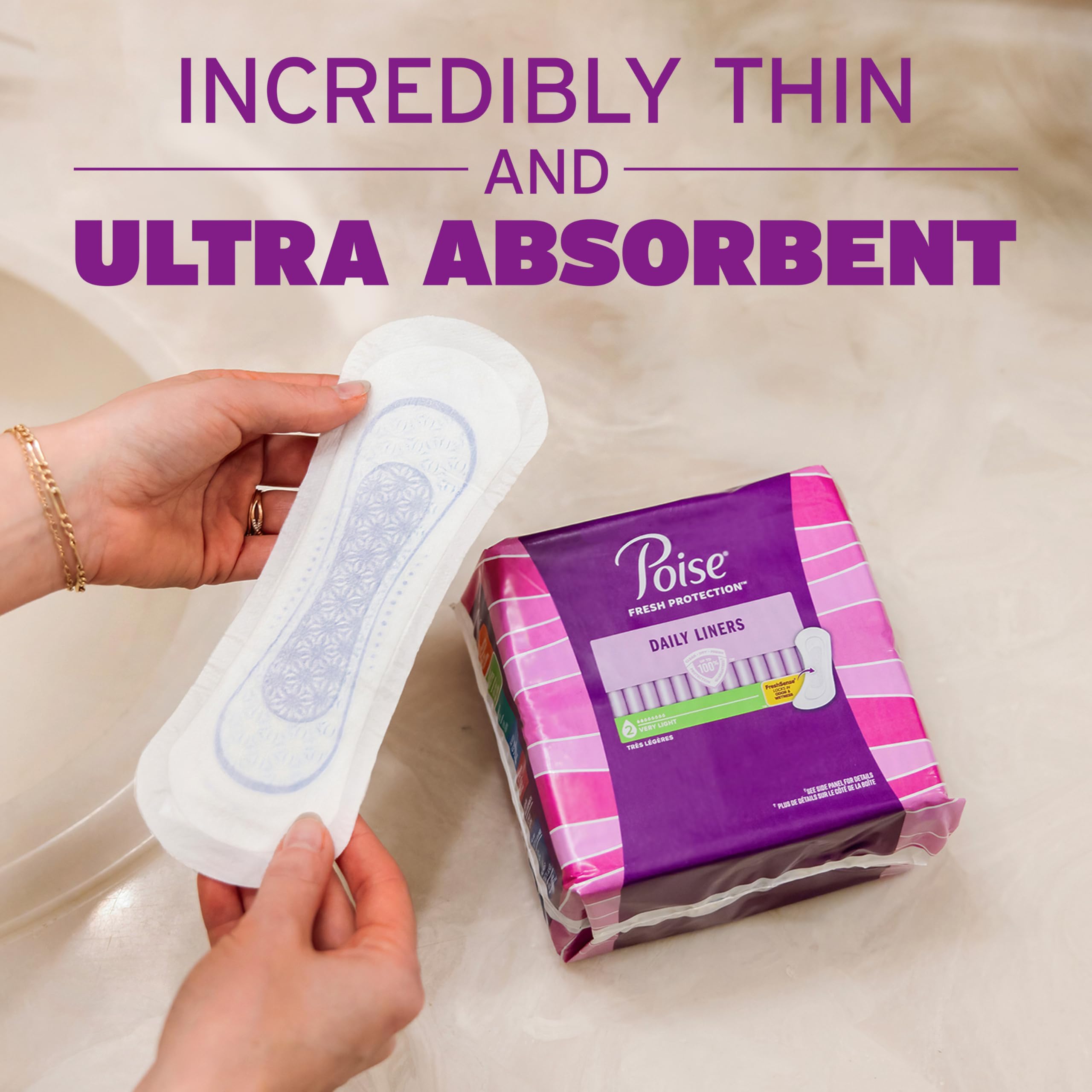 Poise Daily Liners, Incontinence Panty Liners for Bladder Leaks, 2 Drop Very Light Absorbency, Long Length, 264 Count of Pantiliners (6 Packs of 44), Packaging May Vary