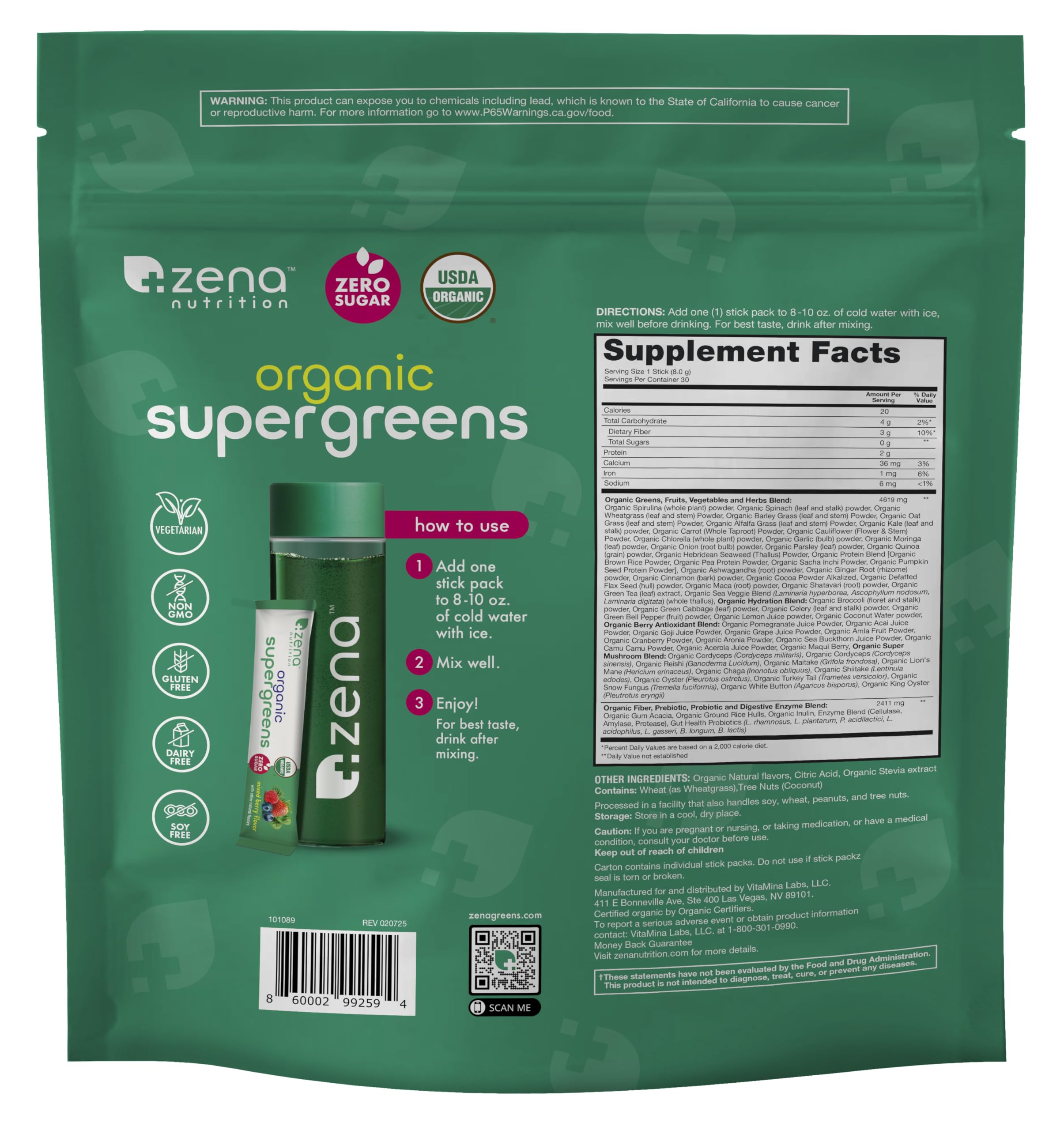 Zena Nutrition Organic Super Greens Powder, 70+ Superfoods, 0 Sugar, 3G Fiber, Spirulina, Chlorella, Antioxidants, Prebiotics/Probiotics, Digestive Enzymes, Mixed Berry, 30 Drink Mix Packets