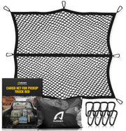 AUTOWN Ladungsnetz für Pickup-Ladefläche – dehnbar von 1,20 m x 1,20 m auf 2,10 m x 2,10 m, hochelastisches feinmaschiges Netz 2,5 cm x 2,5 cm mit 8 Metallkarabinern – ideal für ATV, SUV, UTV, LKW und Boote (einschichtig)