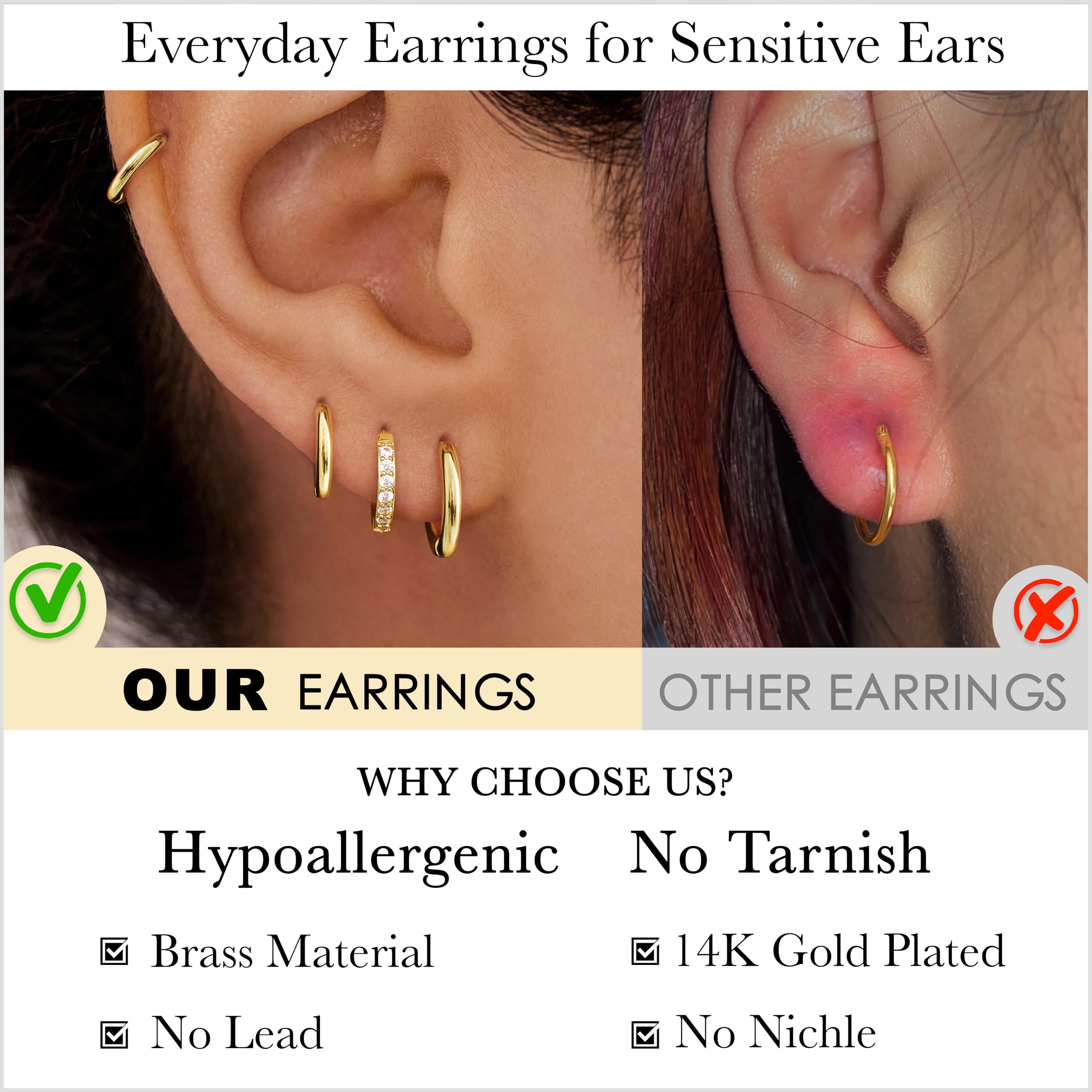 Gold Hoop Earrings for Women Trendy Hypoallergenic Small Huggie Cartilage Stack Cute Earring Set for Sensitive Ears Clip On 14K Gold Helix Conch Rook Tragus Daith Piercing Jewelry Gifts for Mom Accessories