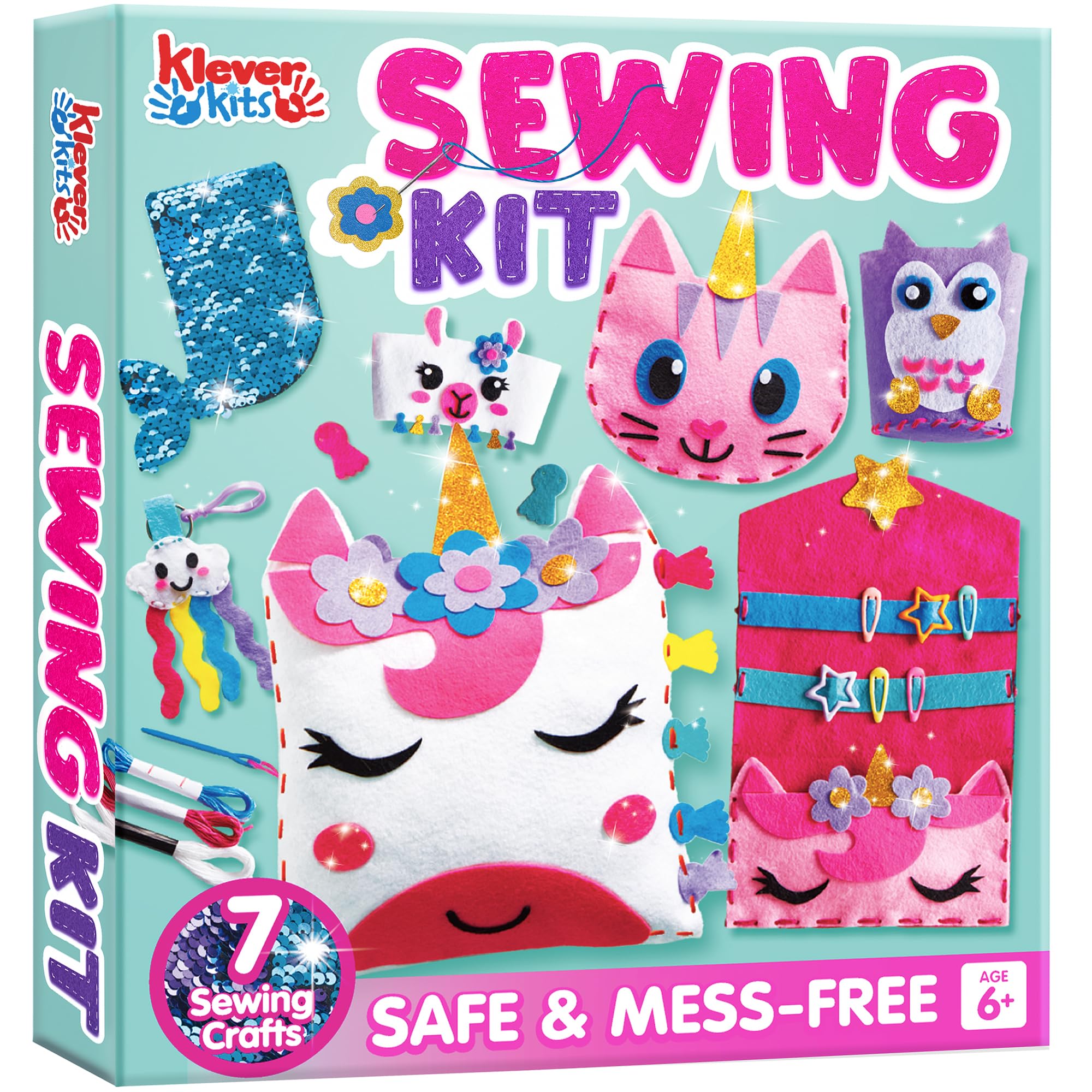 Klever Kits 7 Sewing Projects- My First Kids Sewing Kit- Easy DIY Arts and Crafts for Girls, Craft Kits, Birthday Gifts for Kids Aged 6+, Unicorn and Mermaid Pillow
