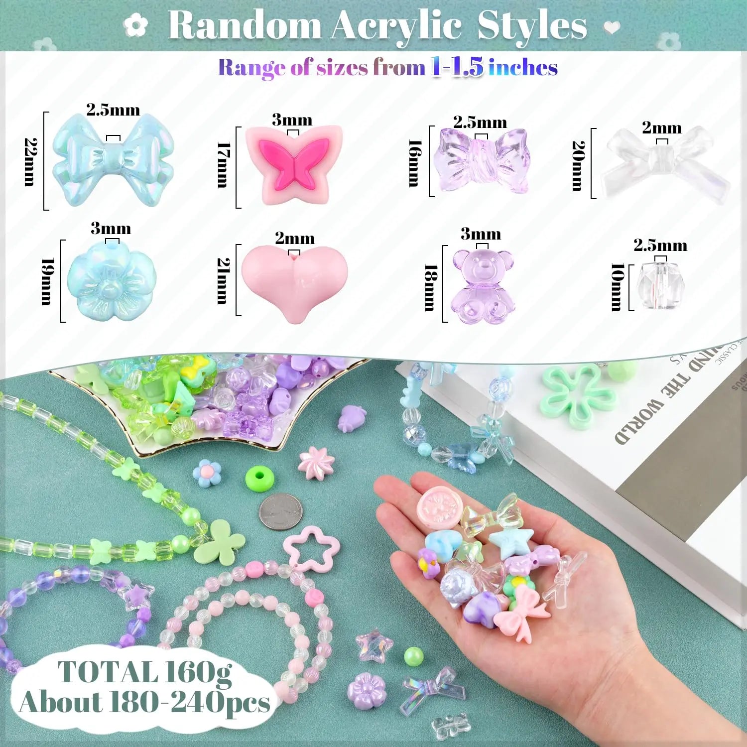 TINKRSTUFF Assorted 180-240PCS Acrylic Beads for Bracelet Making, Flower Bow Butterfly Candy GummyBear Aesthetic Bracelet Charms,Cute Beads for Jewelry Making DIY Necklace Keychain Phone Charm