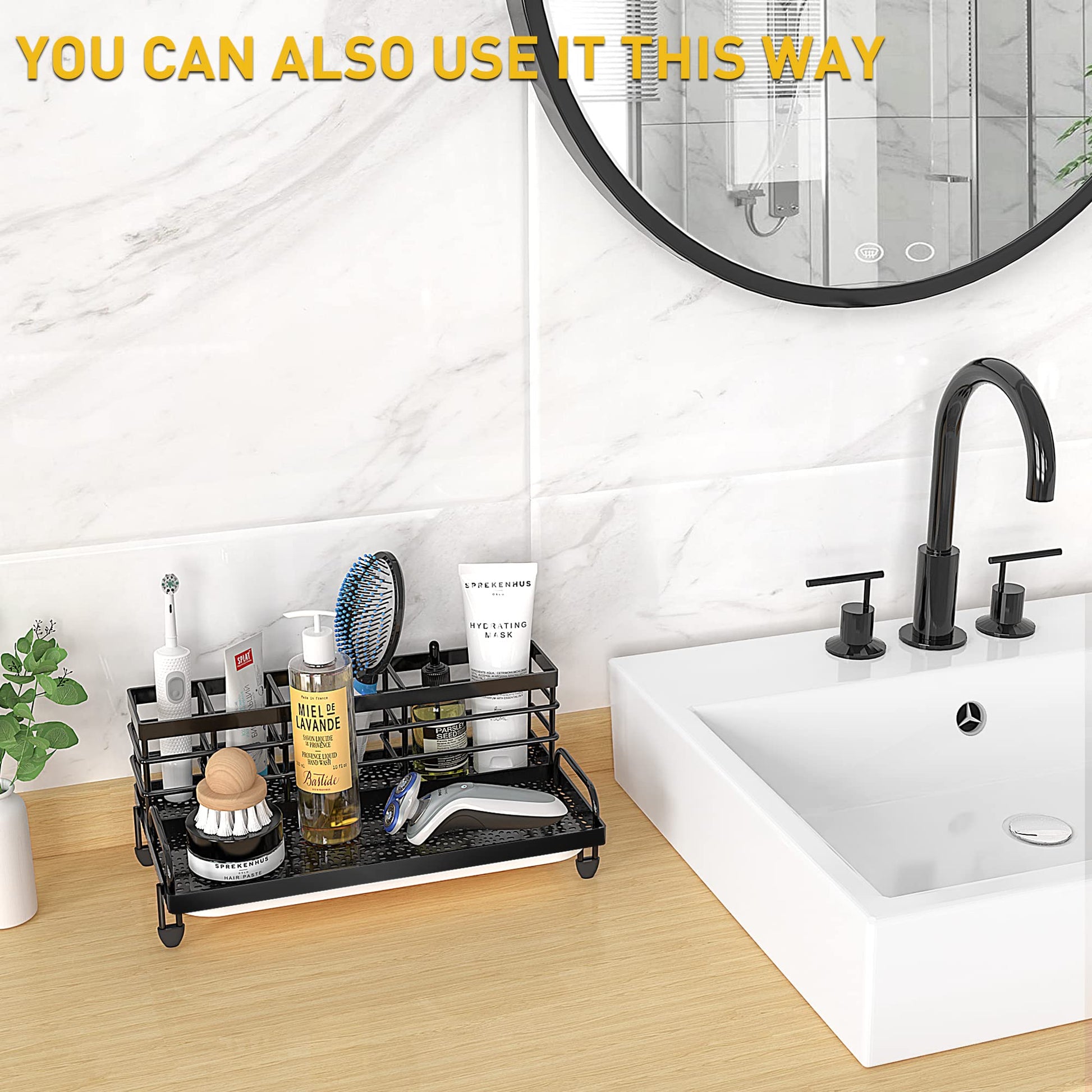 Cisily Large Kitchen Sink Caddy Organizer, Rustproof Non-Slip Soap Dish Dispenser Brush, Sponge Holder for Kitchen Sink, Kitchen Organization and Storage, Home Essentials Accessories（Black）