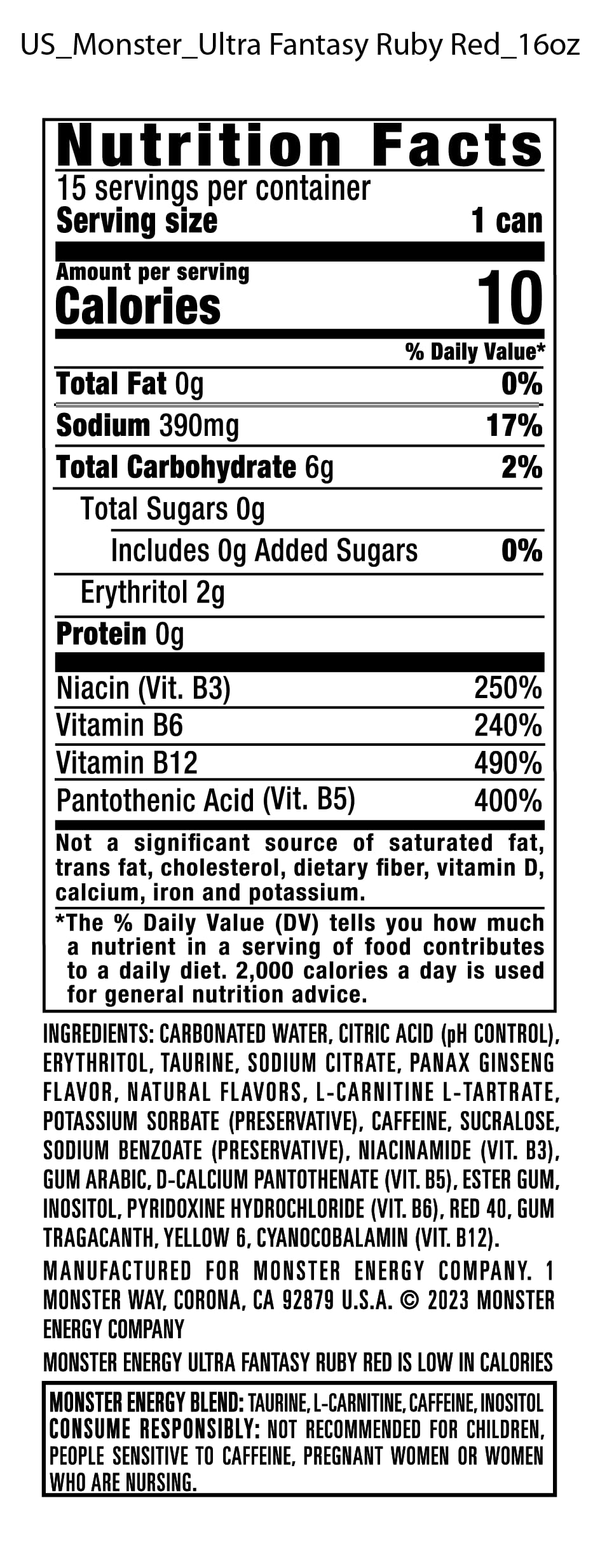 Monster Energy Ultra Fantasy Ruby Red, Sugar Free Energy Drink, 16 Ounce (Pack of 15)