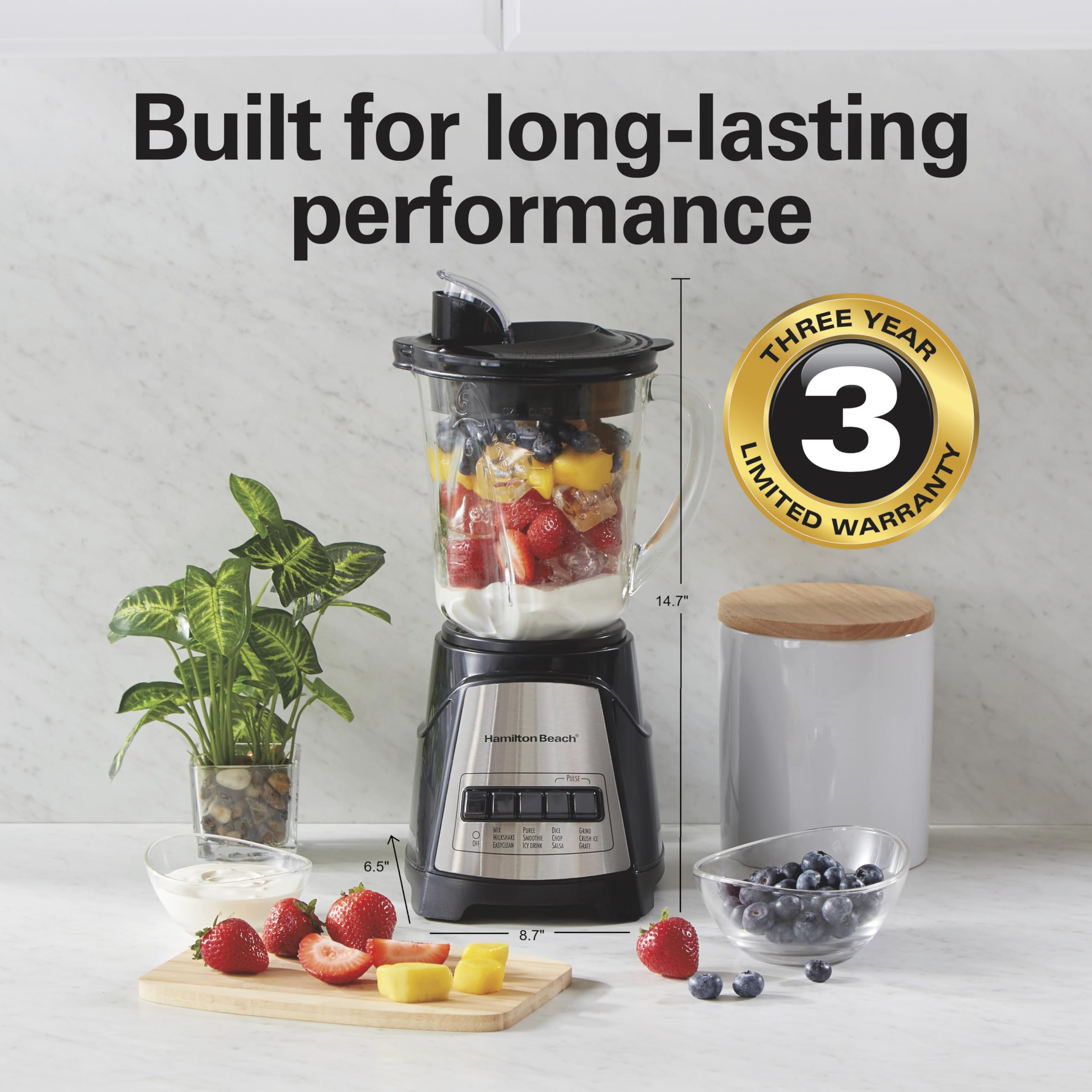 Hamilton Beach Power Elite Wave Action Blender For Smoothies, 40 Oz Glass Jar, 12 Functions Including Puree, Crush Ice, 700 Watts - Black (58148A)