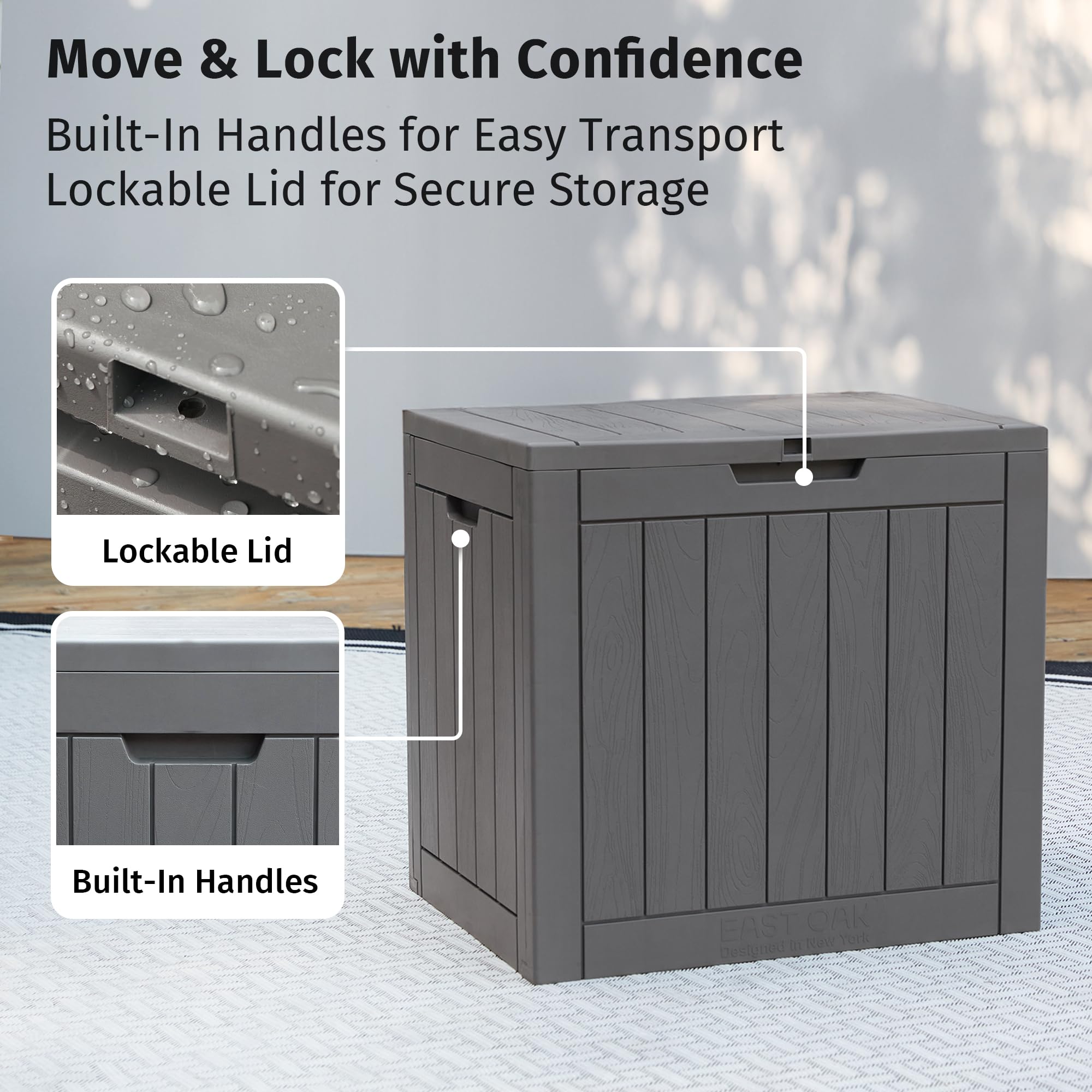 EAST OAK Outdoor Storage Box, 31 Gallon Deck Box Indoor and Outdoor Use, Waterproof Resin Storage Bin for Package Delivery, Patio Cushions, Gardening Tools, Lockable, UV Resistant, Grey