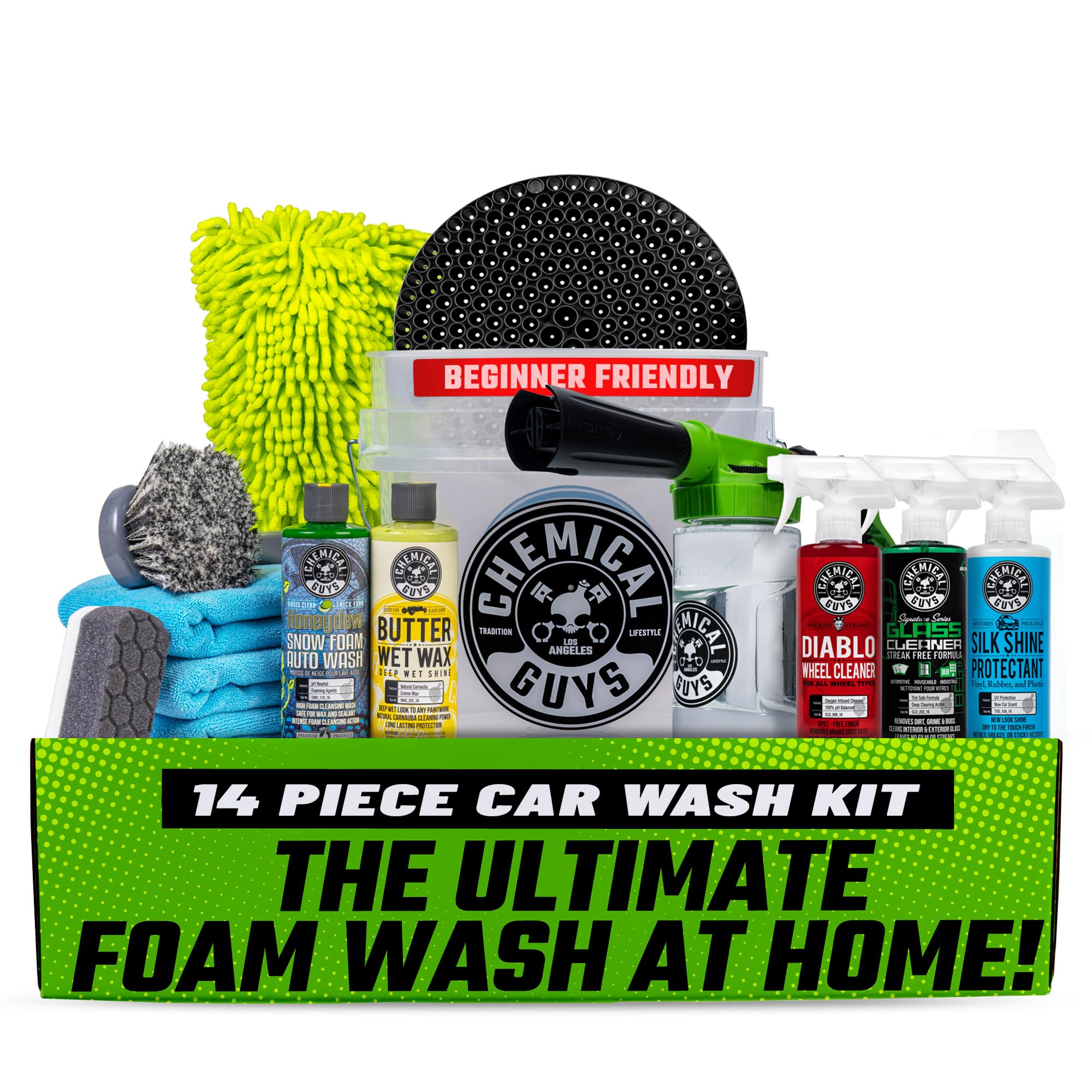 Chemical Guys HOL126 14-Piece Arsenal Builder Car Wash Kit with Foam Gun, Bucket, and (5) 16 oz Car Care Cleaning Chemicals, Gift for Car & Truck Lovers, Dads and DIYers (Works w/Garden Hose)